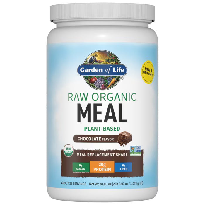 A white container of Garden of Life Raw Organic Meal in chocolate flavor, featuring labels for plant-based ingredients, 20g protein, and 0g sugar, with a graphic of a chocolate piece on the front.