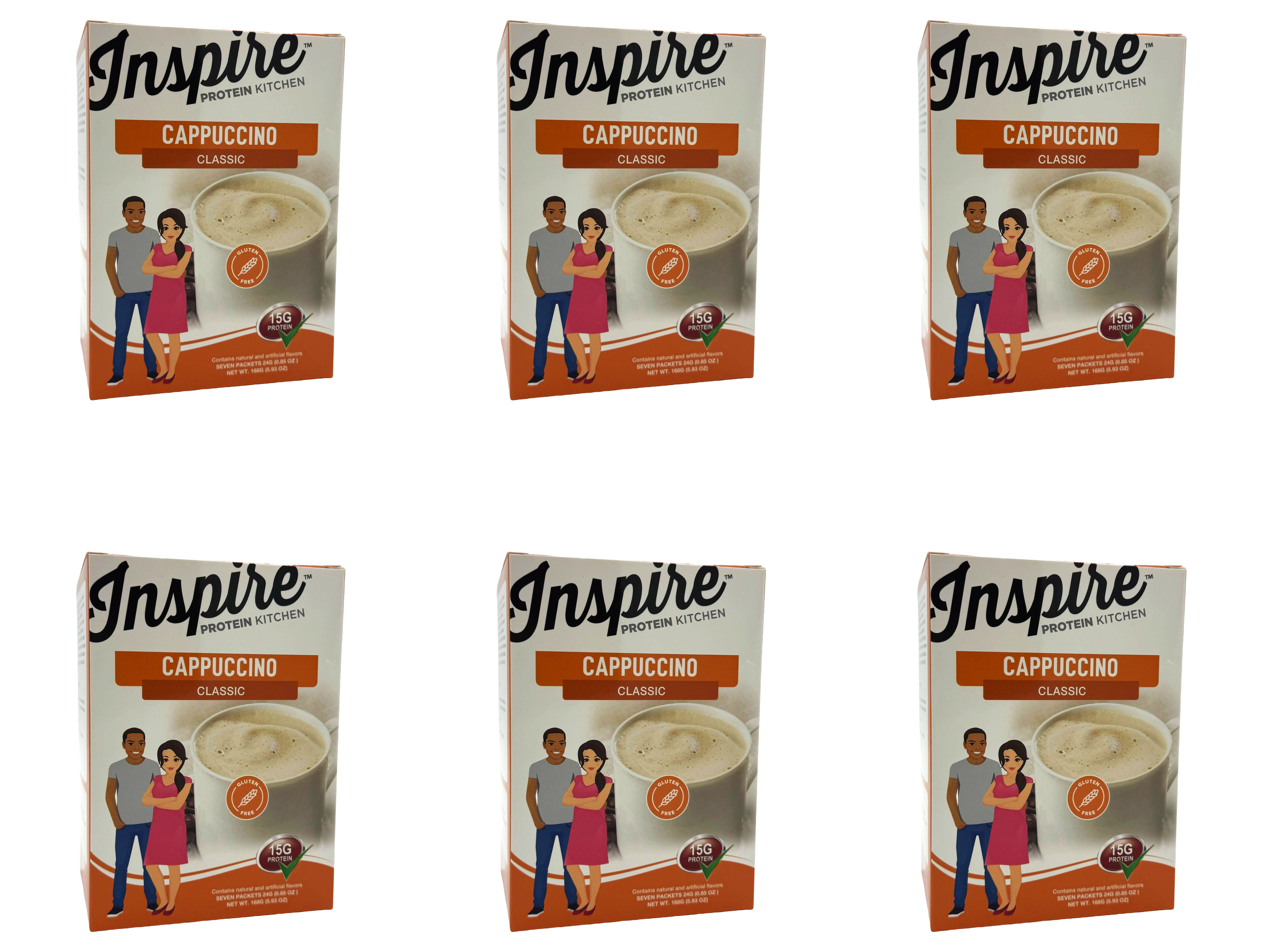 Six boxes of Inspire Protein Kitchen Classic Cappuccino are displayed, each featuring a cup of cappuccino and illustrations of a man and woman, emphasizing the product's protein content.