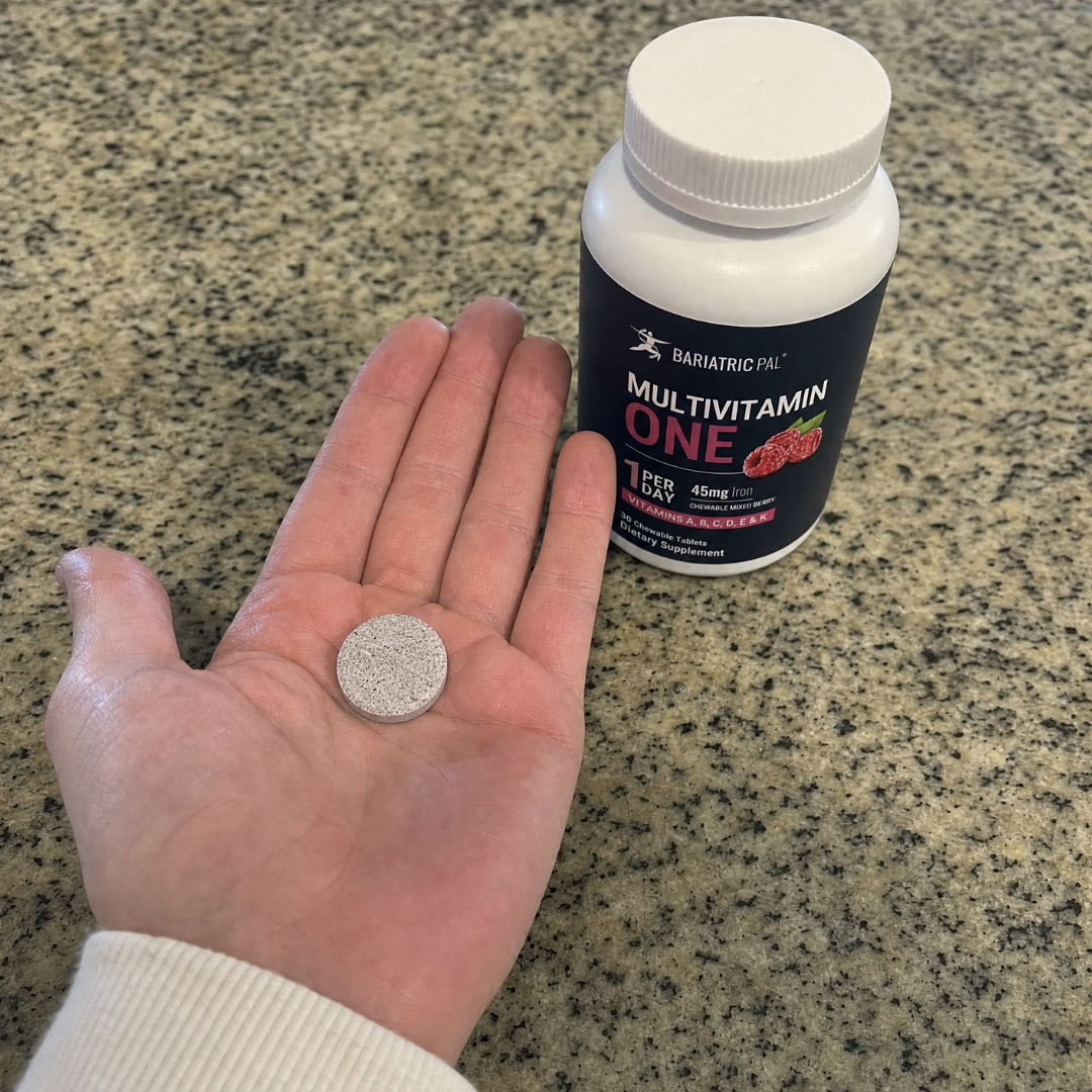 Bottle of Multivitamin ONE per day 45mg iron, chewable mixed berry flavor. 