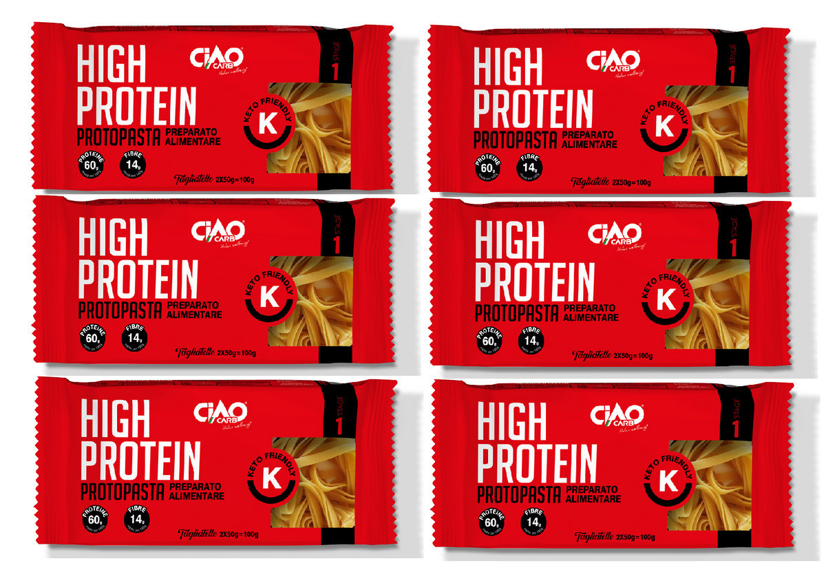 Six packages of "High Protein Protopasta" are displayed, each featuring a red design with nutritional information, including protein and fiber content, and a "Keto Friendly" label.
