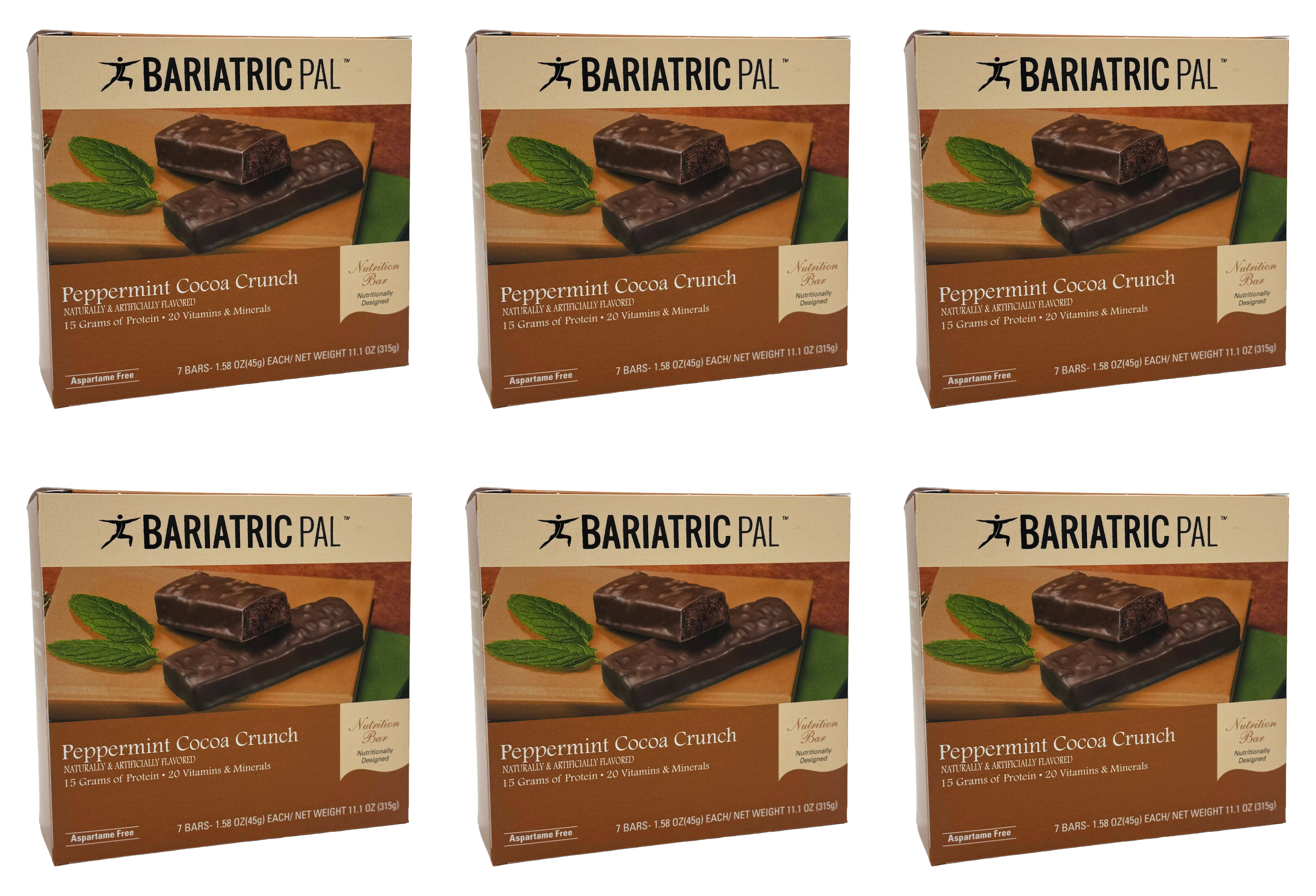 Bariatric Pal Peppermint Cocoa Crunch nutrition bars, 7 bars per box, each weighing 1.58 oz, featuring 15 grams of protein, 20 vitamins and minerals, and aspartame-free ingredients.
