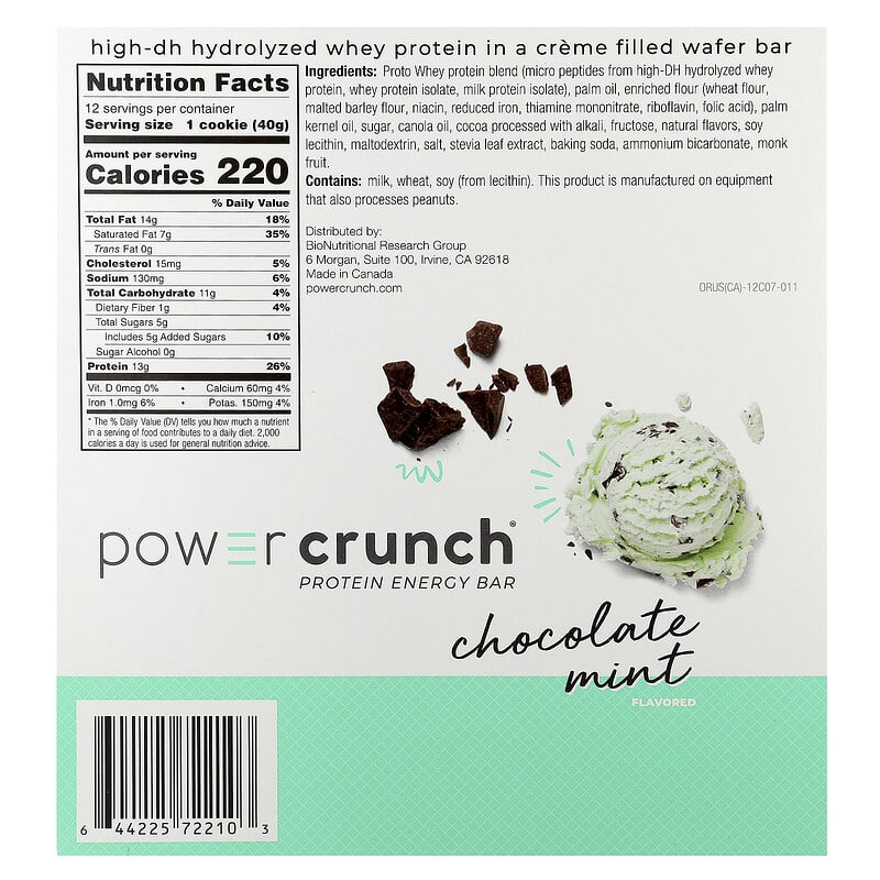 A nutrition label for Power Crunch chocolate mint protein energy bar displays serving details, ingredients, and calorie information, with images of chocolate pieces and mint ice cream.