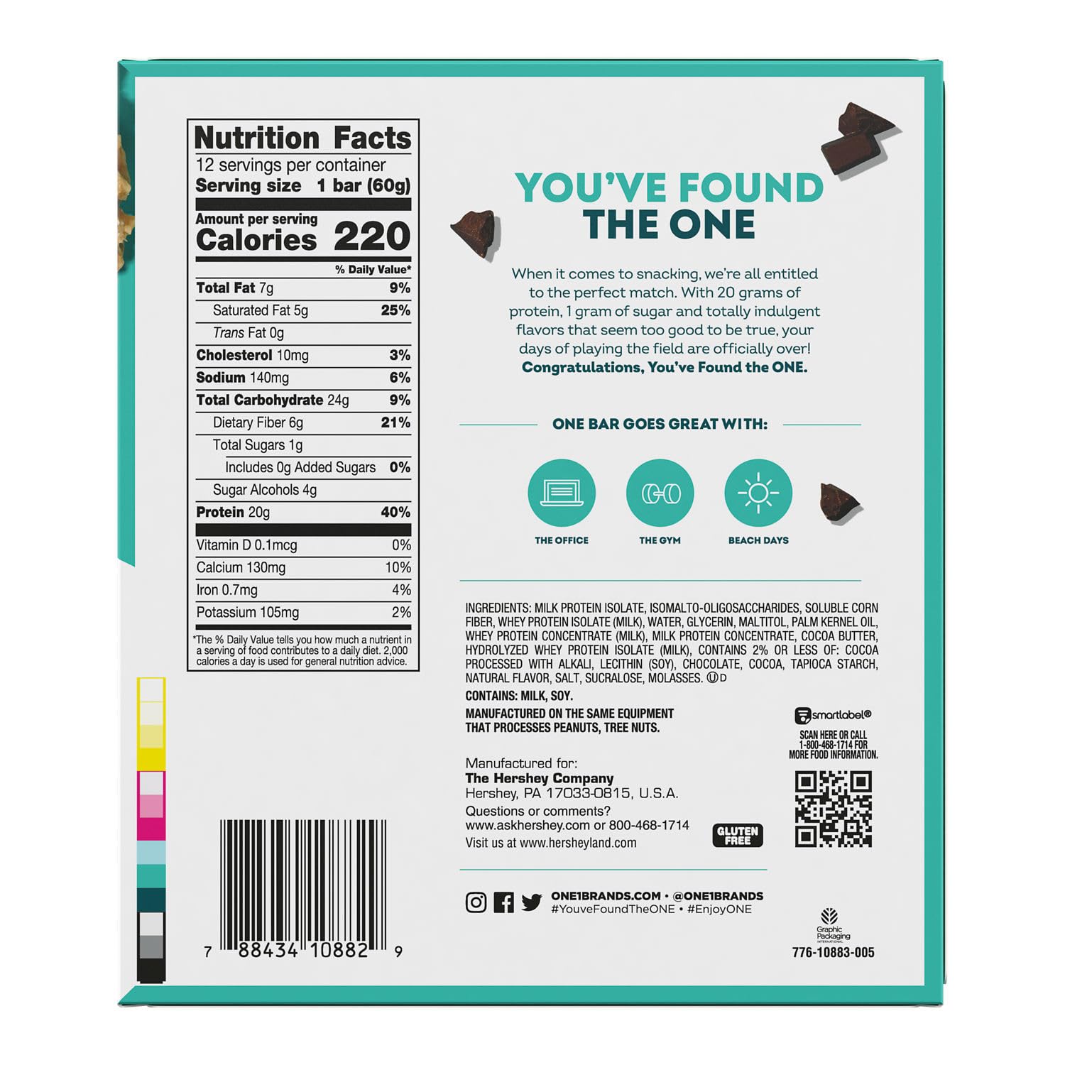 The back of a protein bar packaging displays nutrition facts, ingredients, and a playful message stating "YOU'VE FOUND THE ONE," highlighting its protein content and pairing suggestions.