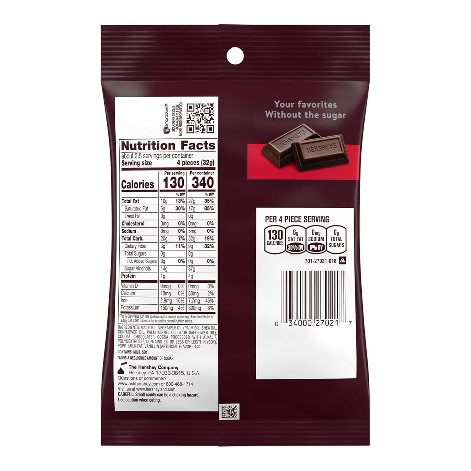 The back of a Hershey's chocolate packaging displays nutrition facts, including calorie count and serving size, with a small image of the chocolate bar and a QR code for more information.
