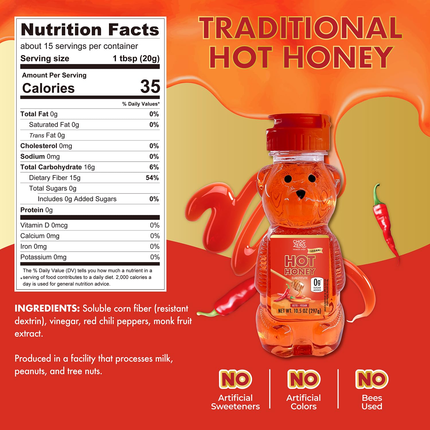A bear-shaped bottle of Traditional Hot Honey sits against a vibrant red and yellow background, with a nutrition label and text highlighting its ingredients and benefits.