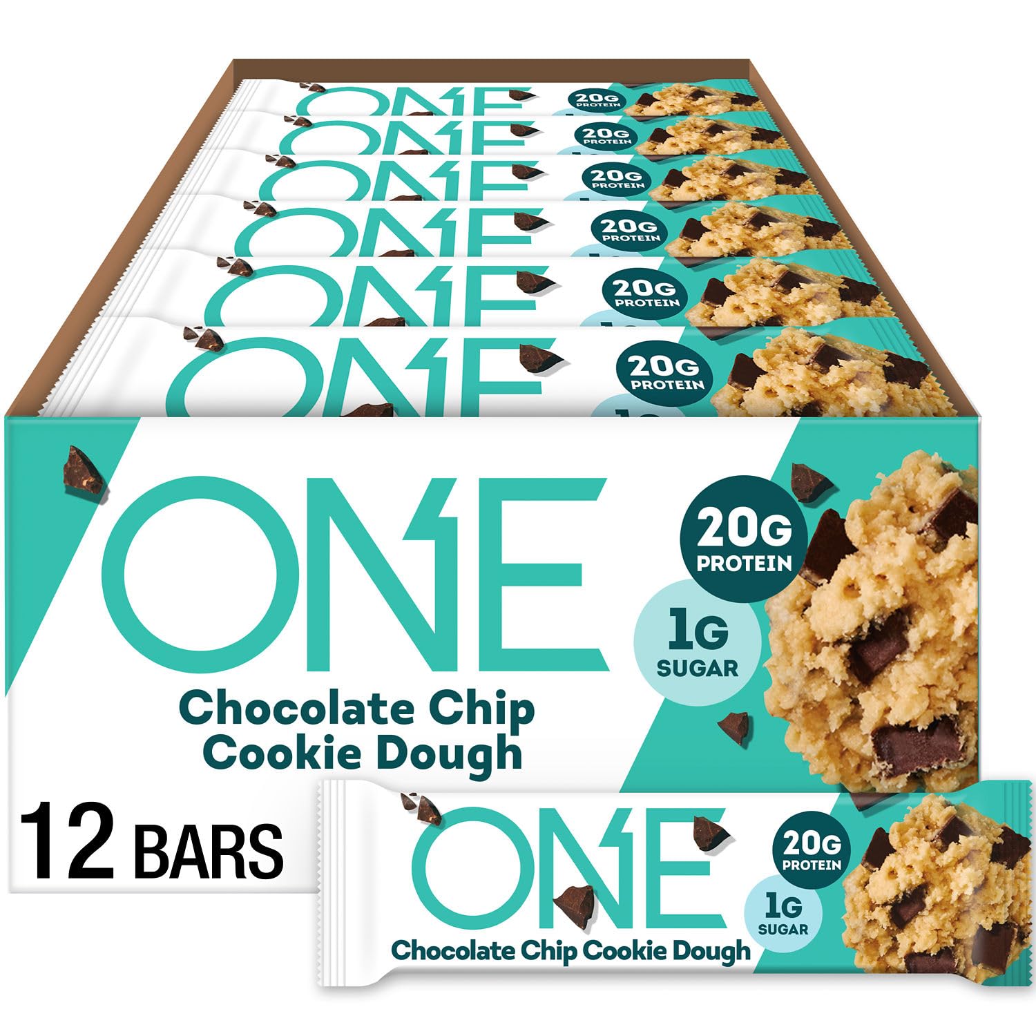 A box containing 12 protein bars labeled "ONE Chocolate Chip Cookie Dough," featuring nutritional information of 20g protein and 1g sugar, with a cookie dough image and chocolate chips.