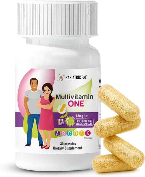 A bottle of Bariatric Pal Multivitamin One, featuring illustrations of a man and woman, with three yellow veggie capsules in front, labeled as a dietary supplement with 18mg of iron.