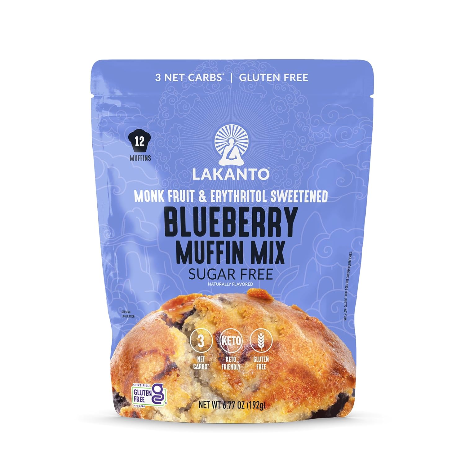 A blue packaging for Lakanto's sugar-free blueberry muffin mix features a muffin on the front, highlighting its gluten-free and keto-friendly attributes with clear labeling.
