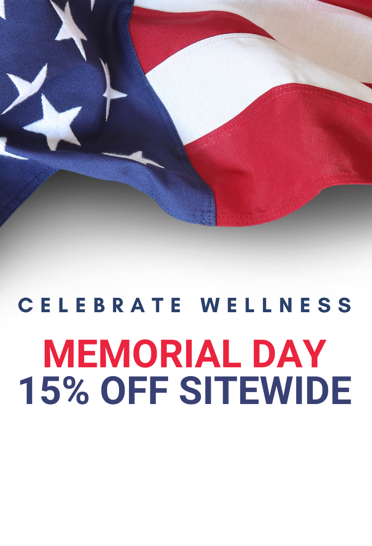 A waving American flag serves as the background for a promotional message that reads "Celebrate Wellness Memorial Day 15% Off Sitewide."
