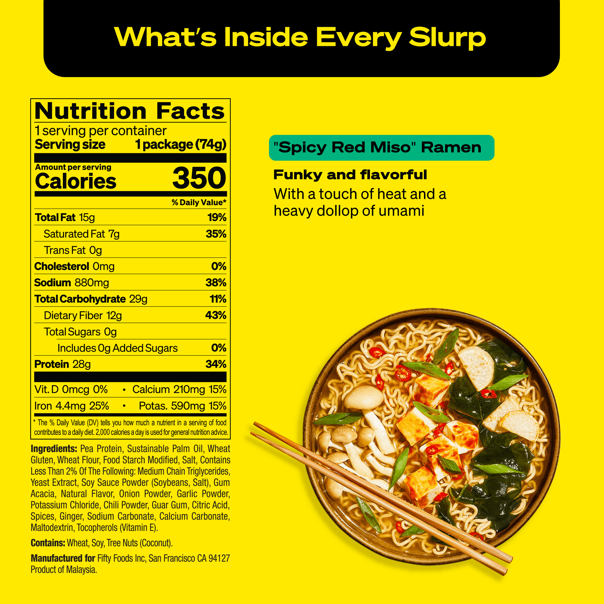 A bowl of "Spicy Red Miso" ramen features noodles topped with tofu, mushrooms, and green onions, accompanied by chopsticks, set against a bright yellow background with nutrition facts.