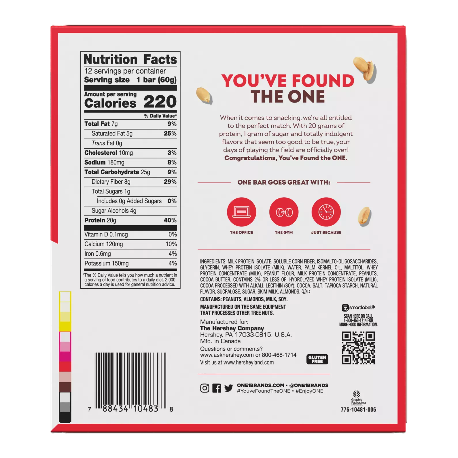 The back of a protein bar package displays nutrition facts, ingredients, and serving suggestions, emphasizing its high protein content and low sugar, with a playful message, "YOU'VE FOUND THE ONE."