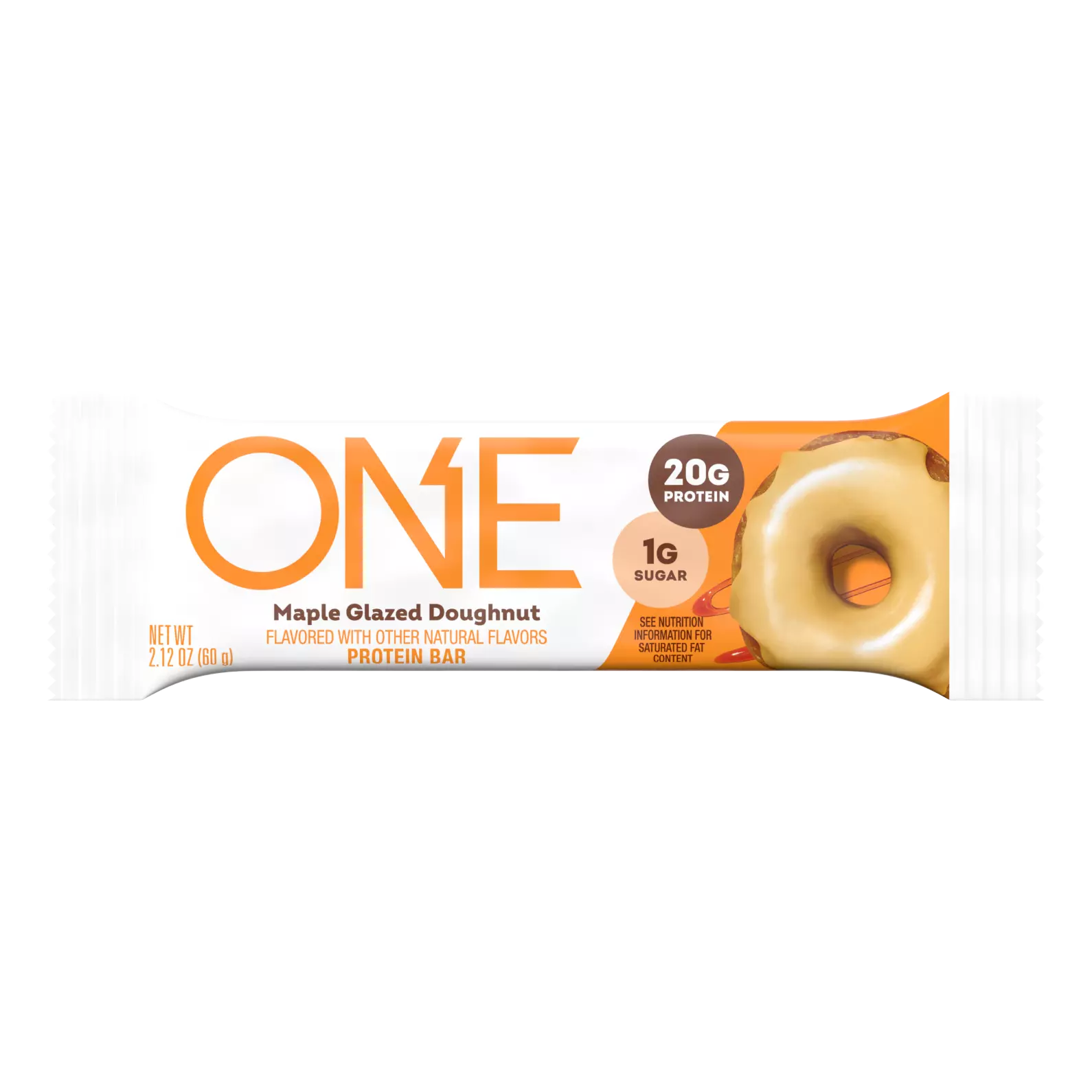A protein bar wrapper features the title "ONE" and the flavor "Maple Glazed Doughnut," highlighting 20 grams of protein and 1 gram of sugar, with an image of a glazed doughnut on the right.