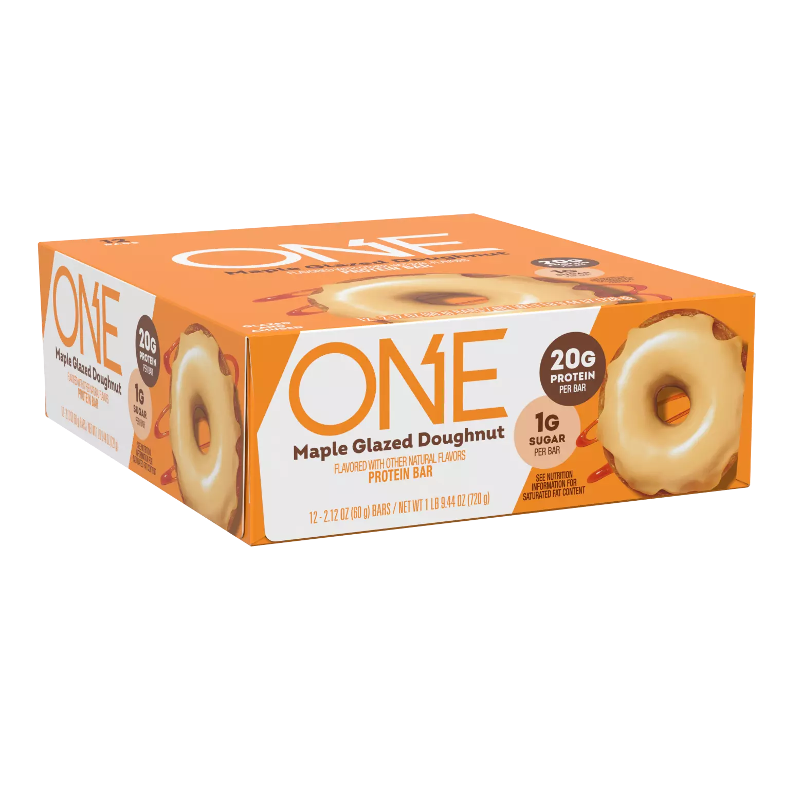 A box of ONE protein bars in Maple Glazed Doughnut flavor, featuring a donut graphic, highlights 20 grams of protein and 1 gram of sugar per bar against a bright orange background.