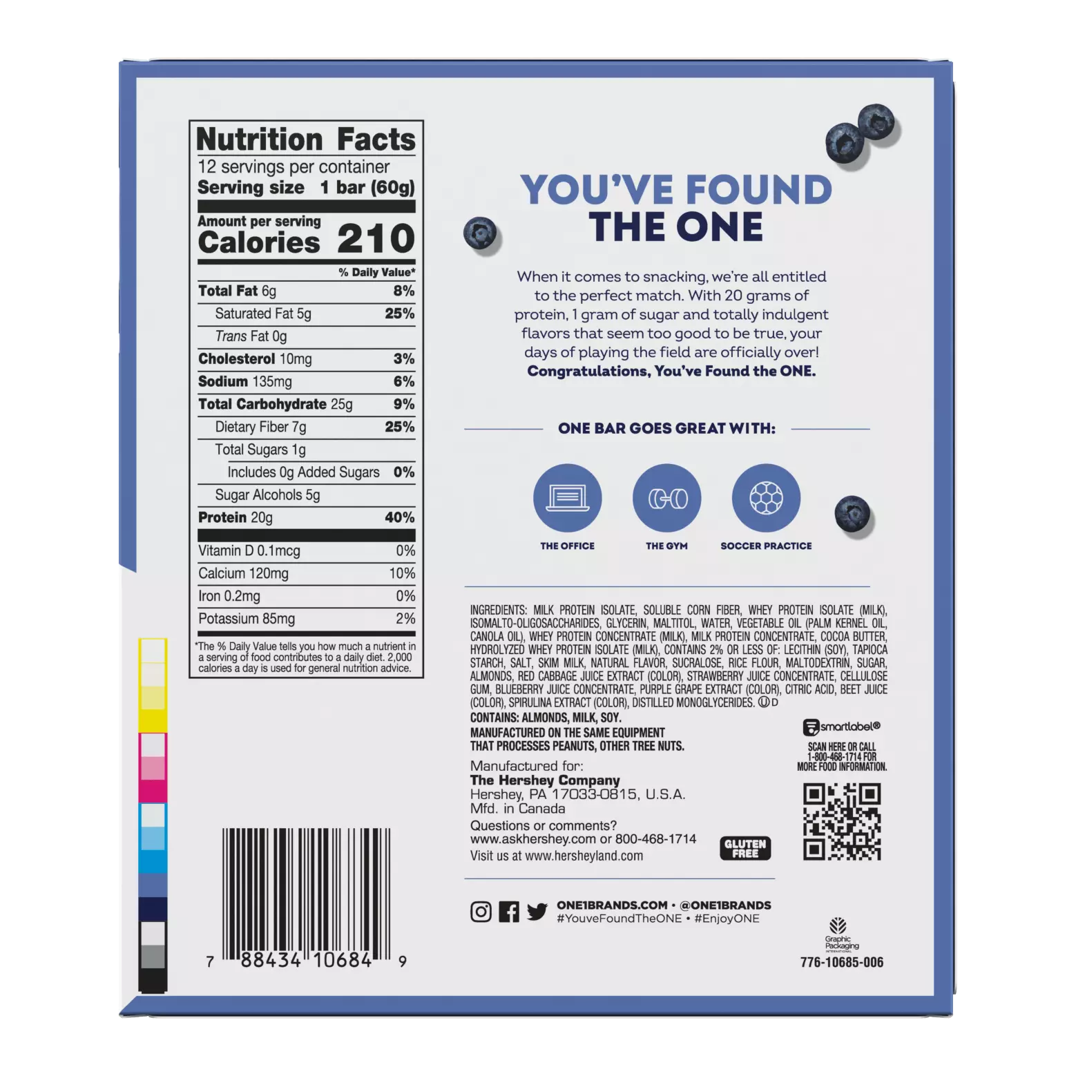 A nutrition facts label on the back of a protein bar package lists serving size, calories, and ingredients, highlighting its protein content and suggesting pairings for snacking.