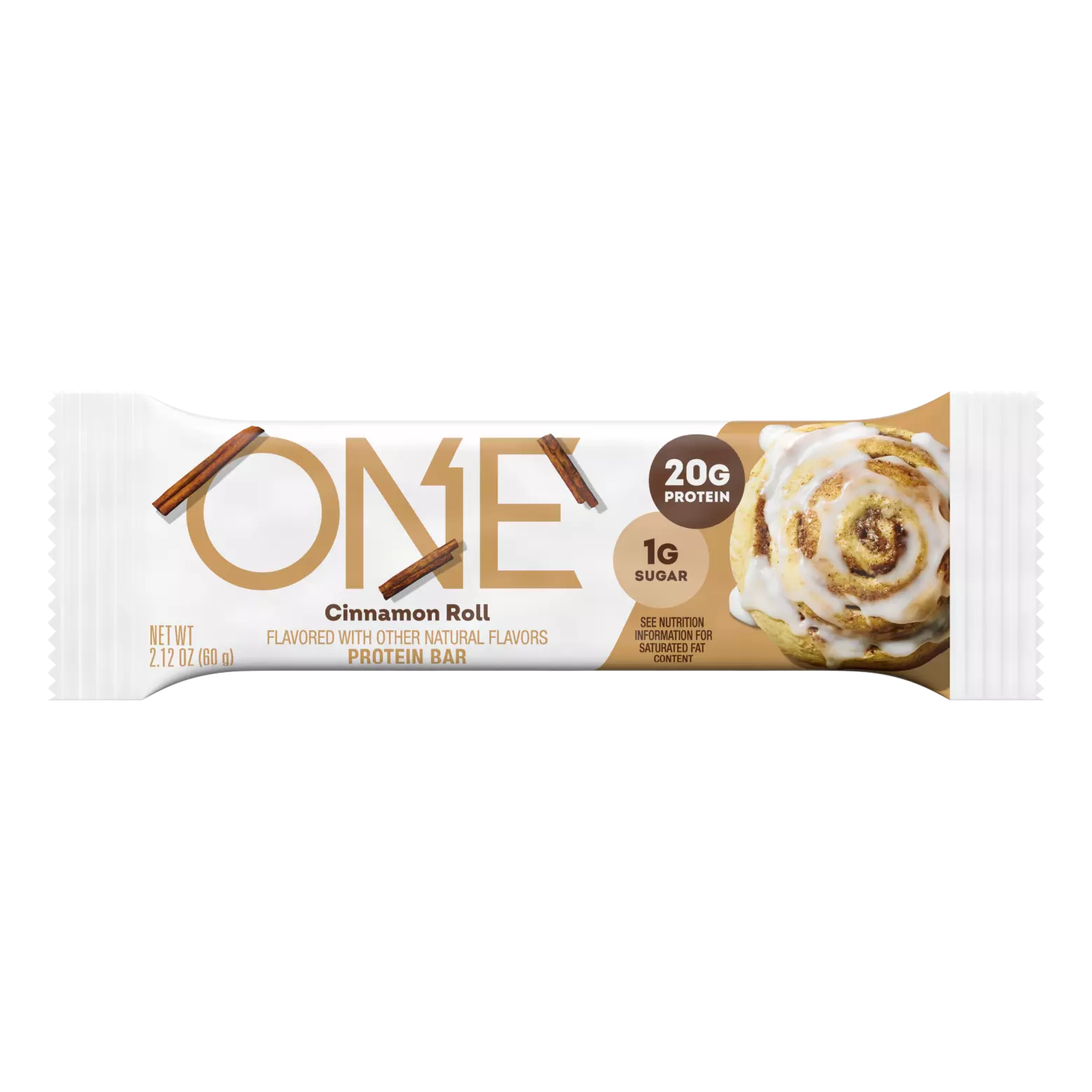 A protein bar wrapper features the title "ONE" in bold letters, with a cinnamon roll image and details highlighting 20g of protein and 1g of sugar, set against a light background.