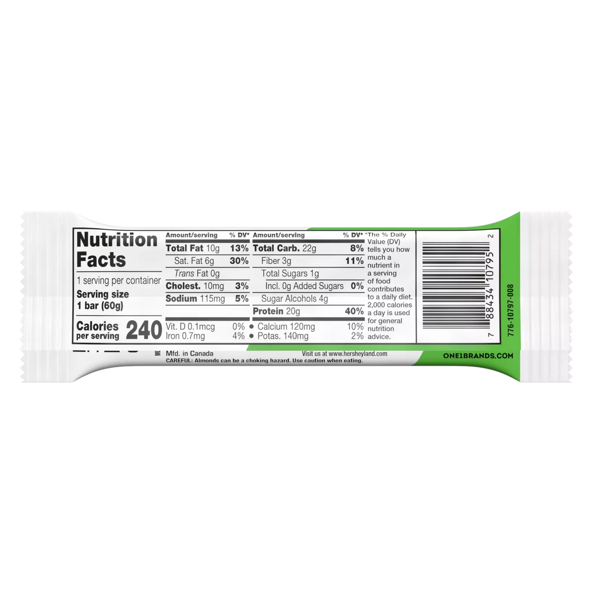 A nutrition facts label for a protein bar displays serving size, calories, and various nutrient amounts, including total fat, carbohydrates, sugars, and protein content.
