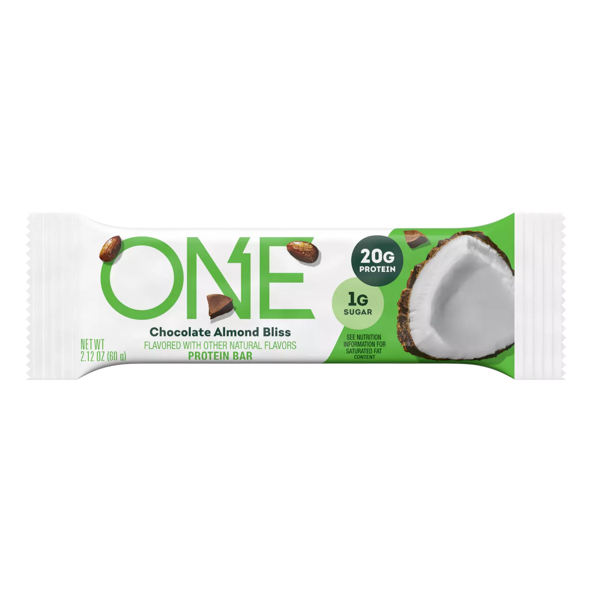 A protein bar wrapper labeled "ONE Chocolate Almond Bliss" features a green and white design, highlighting 20g of protein and 1g of sugar, with images of almonds and coconut.