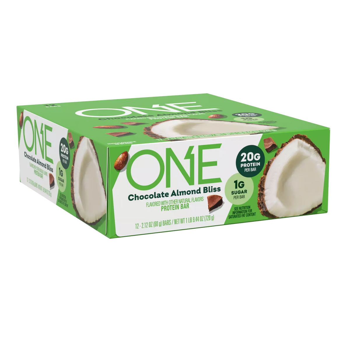 A green box of ONE Chocolate Almond Bliss protein bars displays the product name, nutritional information highlighting 20g of protein and 1g of sugar per bar, with almonds and a coconut illustration.