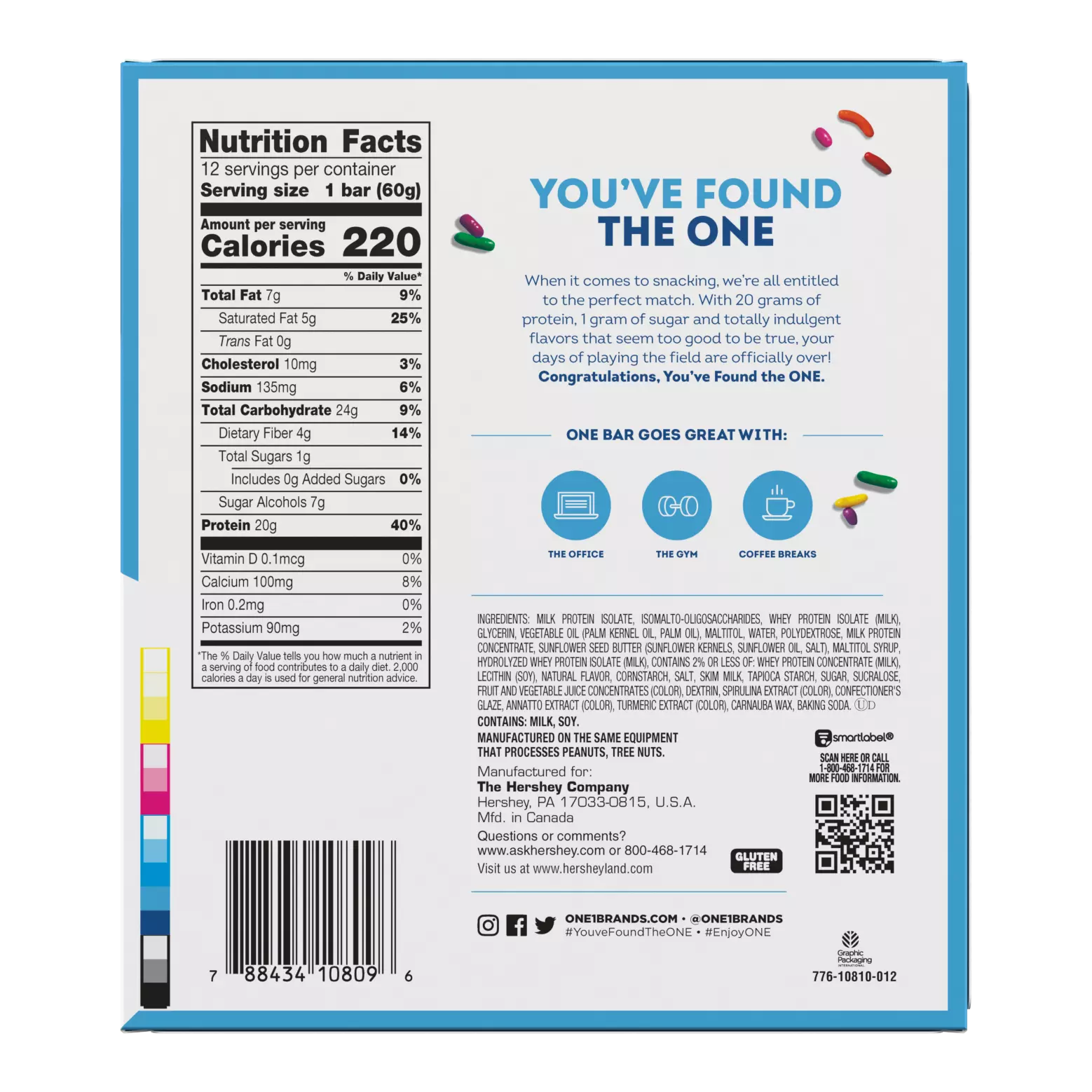 The back of a protein bar package displays nutrition facts, ingredients, and serving suggestions, highlighting its 20 grams of protein and suggesting it pairs well with activities like office work and gym sessions.