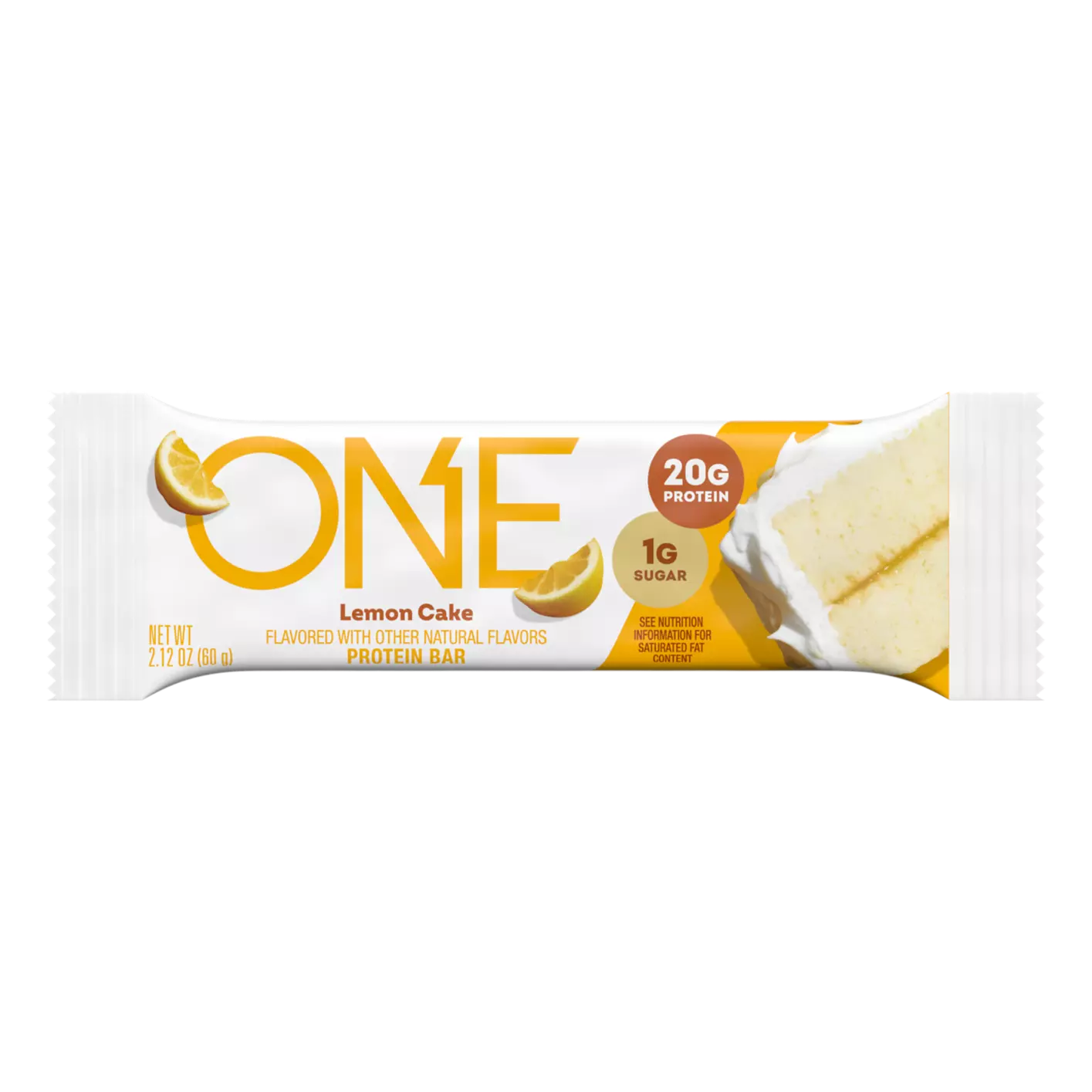 A protein bar wrapper features the title "ONE Lemon Cake," with images of lemon slices and a slice of cake, highlighting 20 grams of protein and 1 gram of sugar.