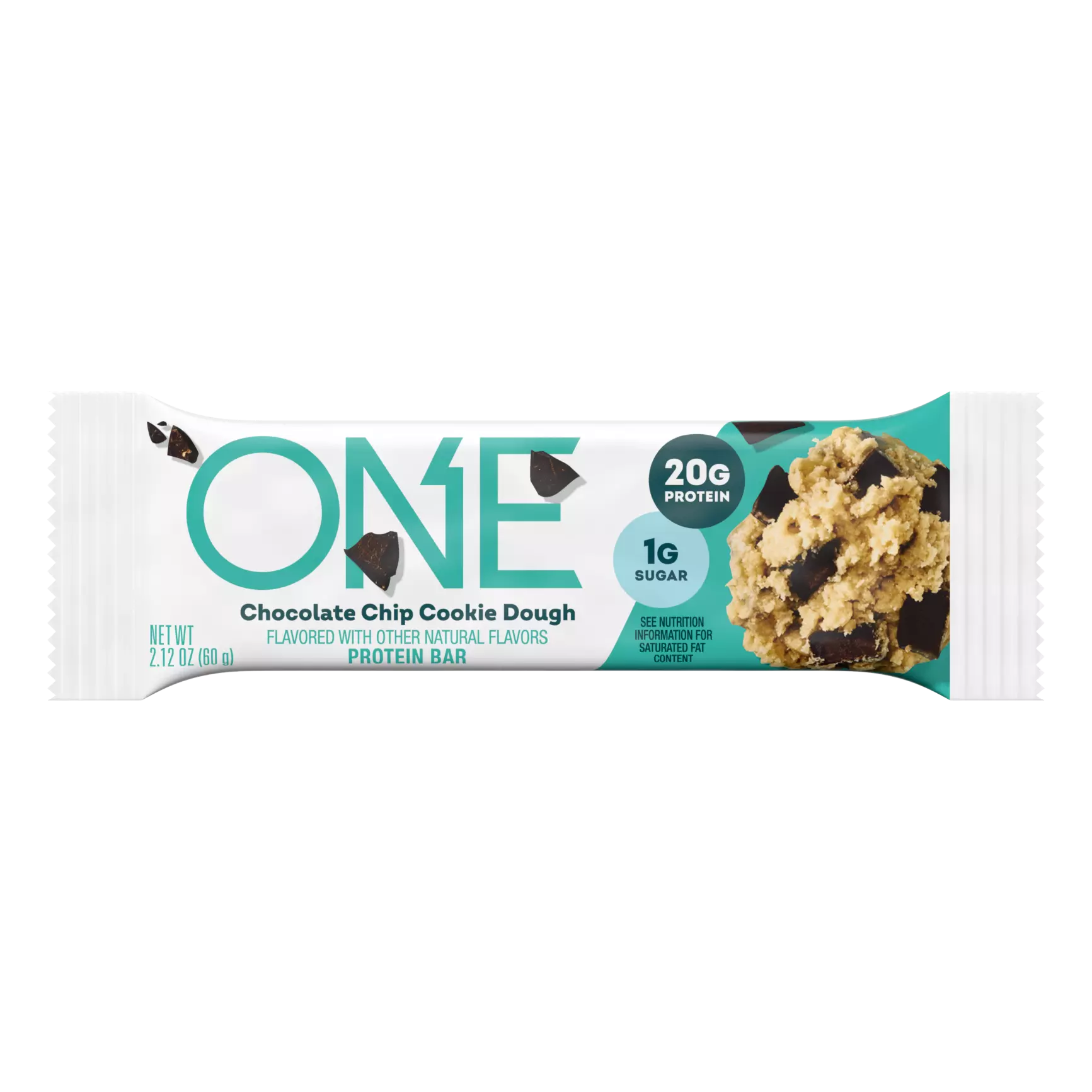A protein bar wrapper features the title "ONE" in bold turquoise letters, with a chocolate chip cookie dough design and nutritional information highlighting 20g of protein and 1g of sugar.