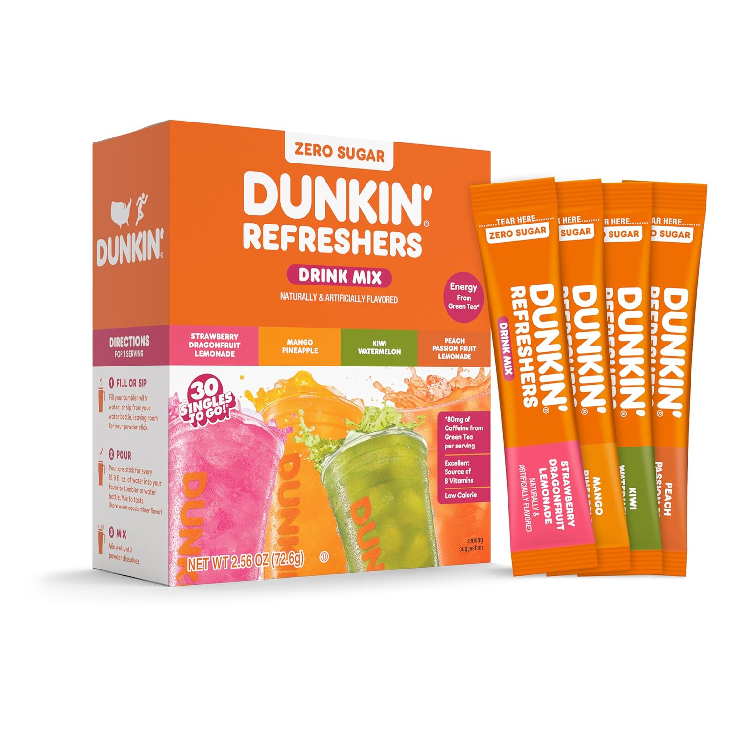 A colorful box of Dunkin' Refreshers drink mix featuring flavors like Strawberry Dragonfruit Lemonade and Mango Pineapple, with individual packets displayed and a zero-sugar label.