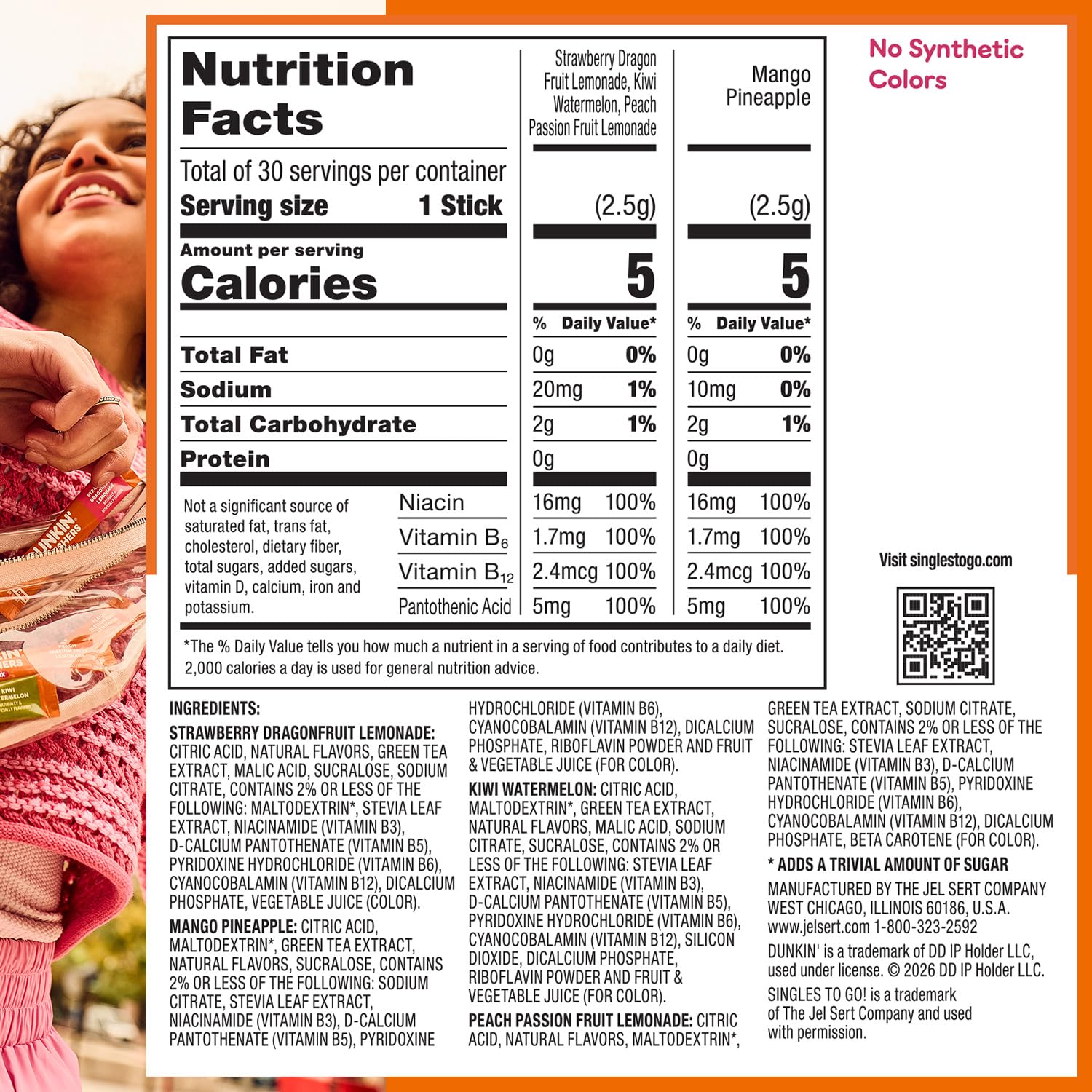 Nutrition facts label for a drink mix featuring flavors like Strawberry Dragon Fruit Lemonade and Mango Pineapple, detailing ingredients, serving size, and nutritional information.