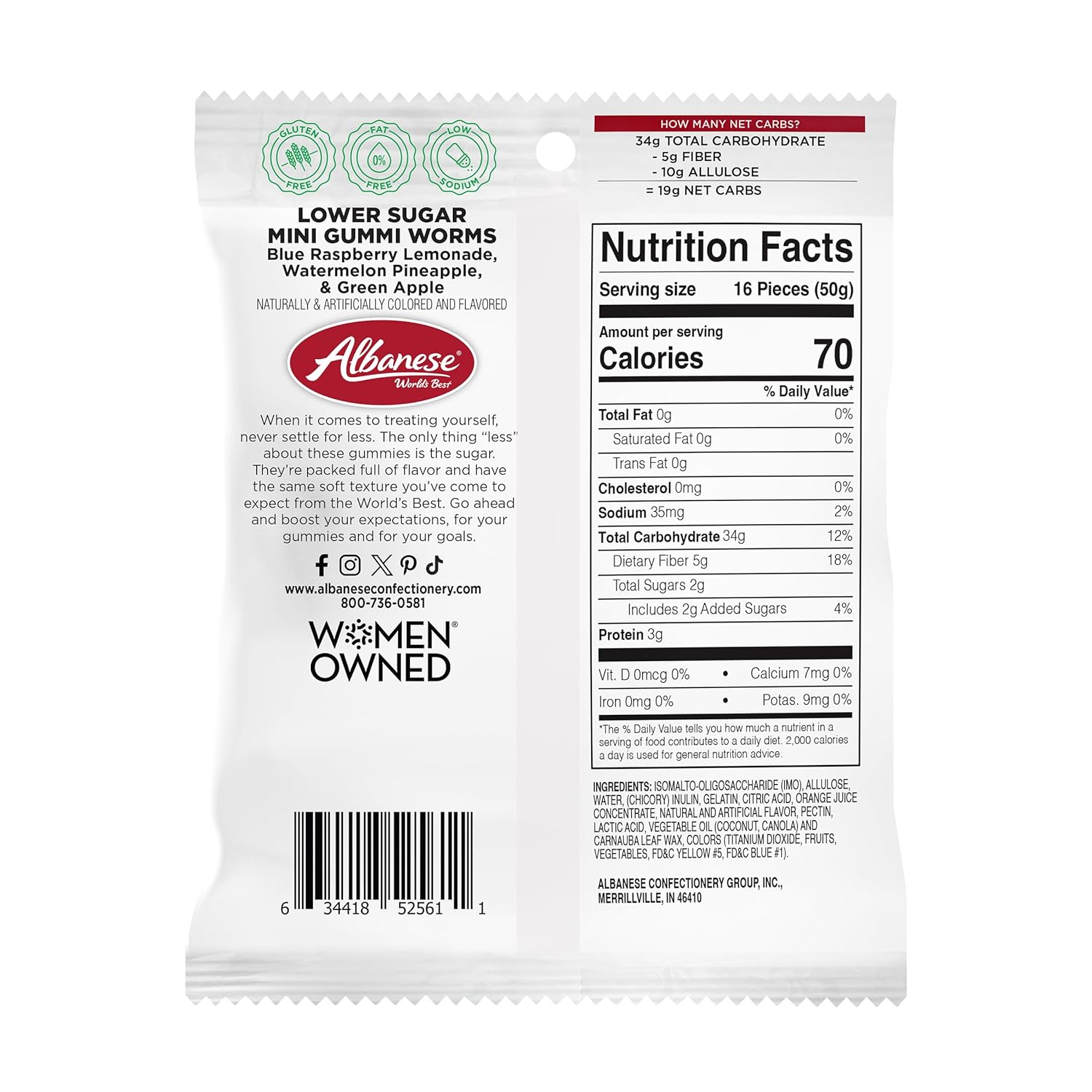 Albanese World's Best Lower Sugar Mini Gummi Worms, 1.76oz