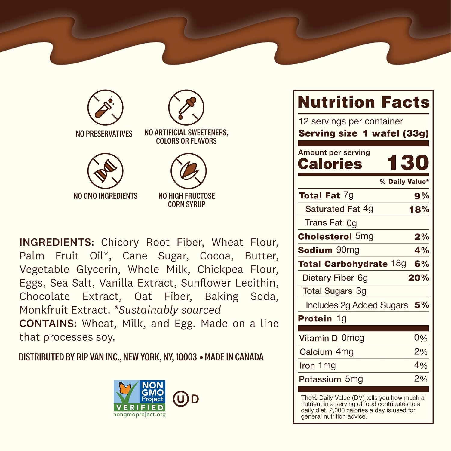 Nutrition facts label for a wafel, detailing ingredients, serving size, and nutritional information, with icons indicating no preservatives, artificial sweeteners, GMO ingredients, or high fructose corn syrup.