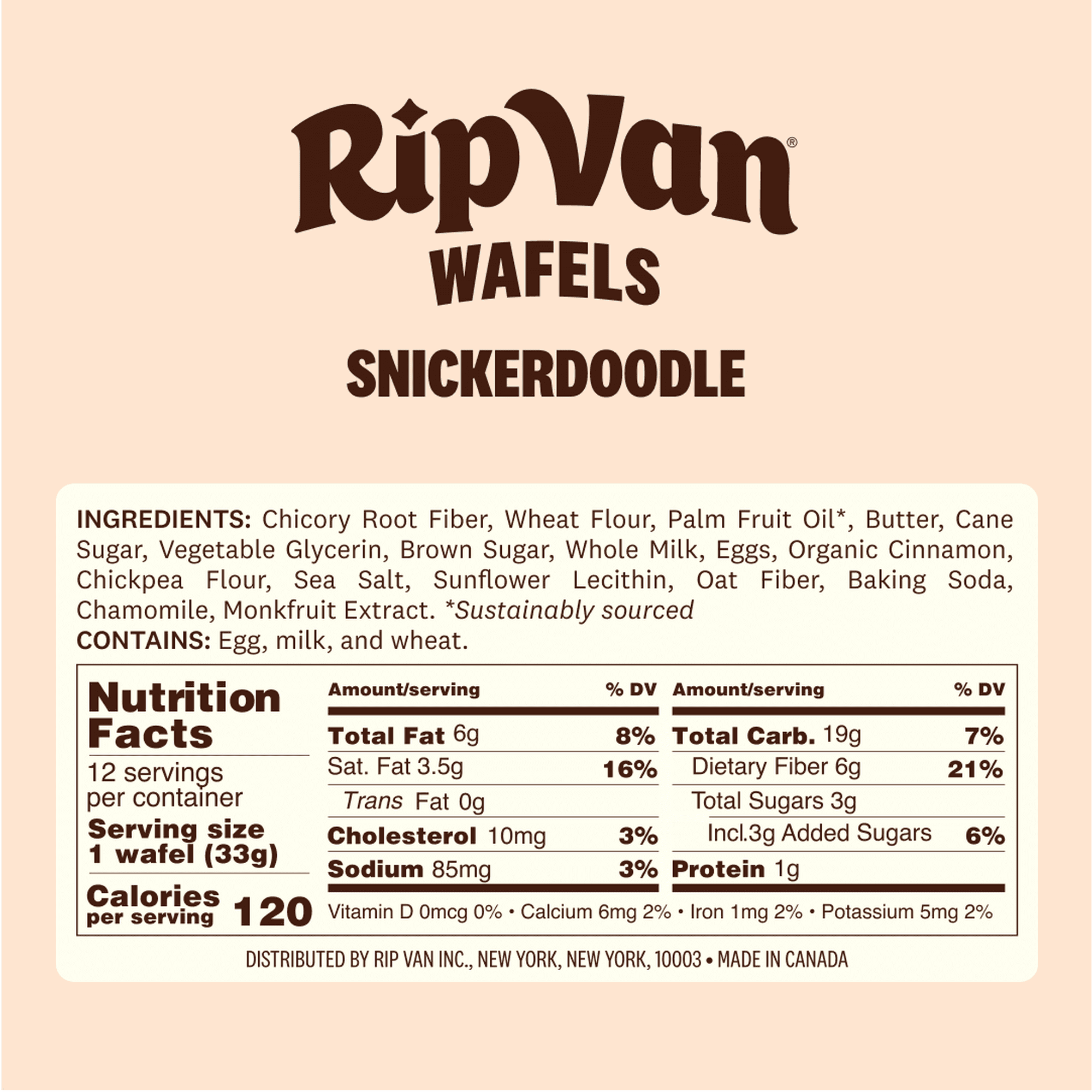 A beige product label features the title "Rip Van Wafels Snickerdoodle," lists ingredients like chicory root fiber and whole milk, and provides nutrition facts for a 33g serving with 120 calories.