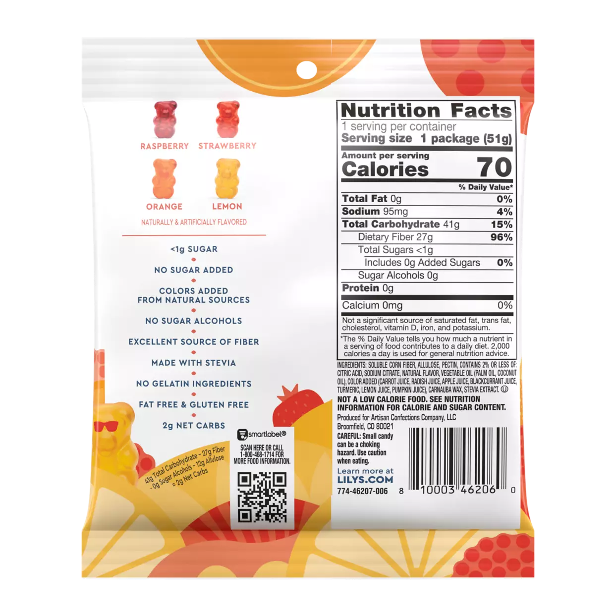 A colorful package of gummy candies features four bear-shaped gummies in raspberry, strawberry, orange, and lemon flavors, with detailed nutrition facts and ingredient information on the back.