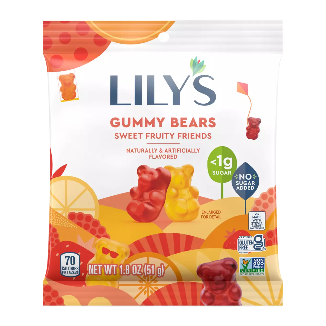 A colorful package of Lily's Gummy Bears features red and yellow gummy bears with the text "Sweet Fruity Friends," highlighting that they are low in sugar and gluten-free.