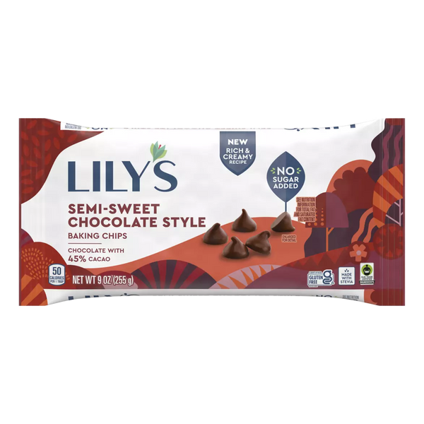Lily's Semi-Sweet Chocolate Style Baking Chips package features a colorful design, highlighting the product's no sugar added and gluten-free attributes, with chocolate chips displayed prominently on the front.