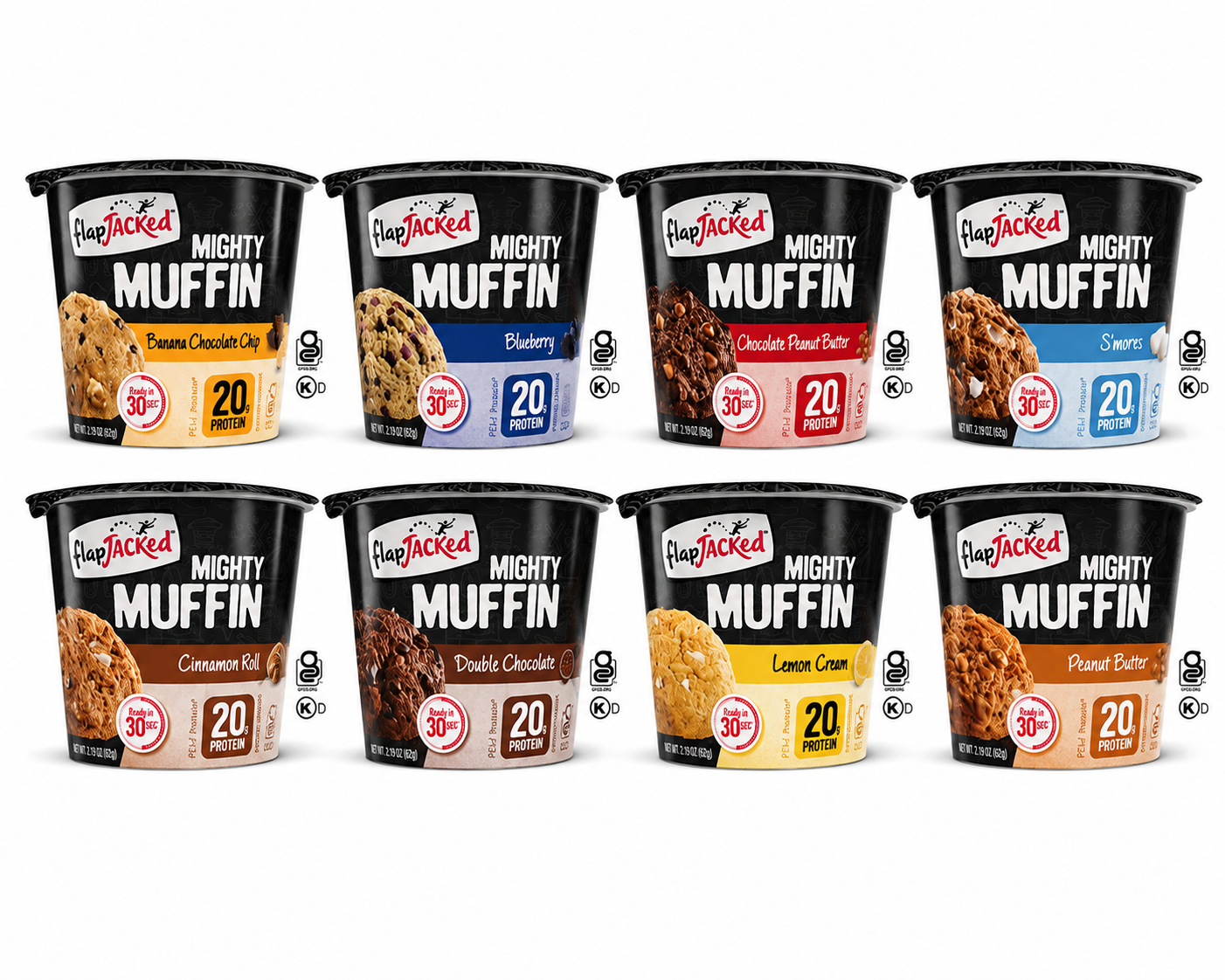 Eight varieties of FlapJacked Mighty Muffin are displayed in black cups, featuring flavors like Banana Chocolate Chip, Blueberry, and S'mores, each highlighting 20 grams of protein.