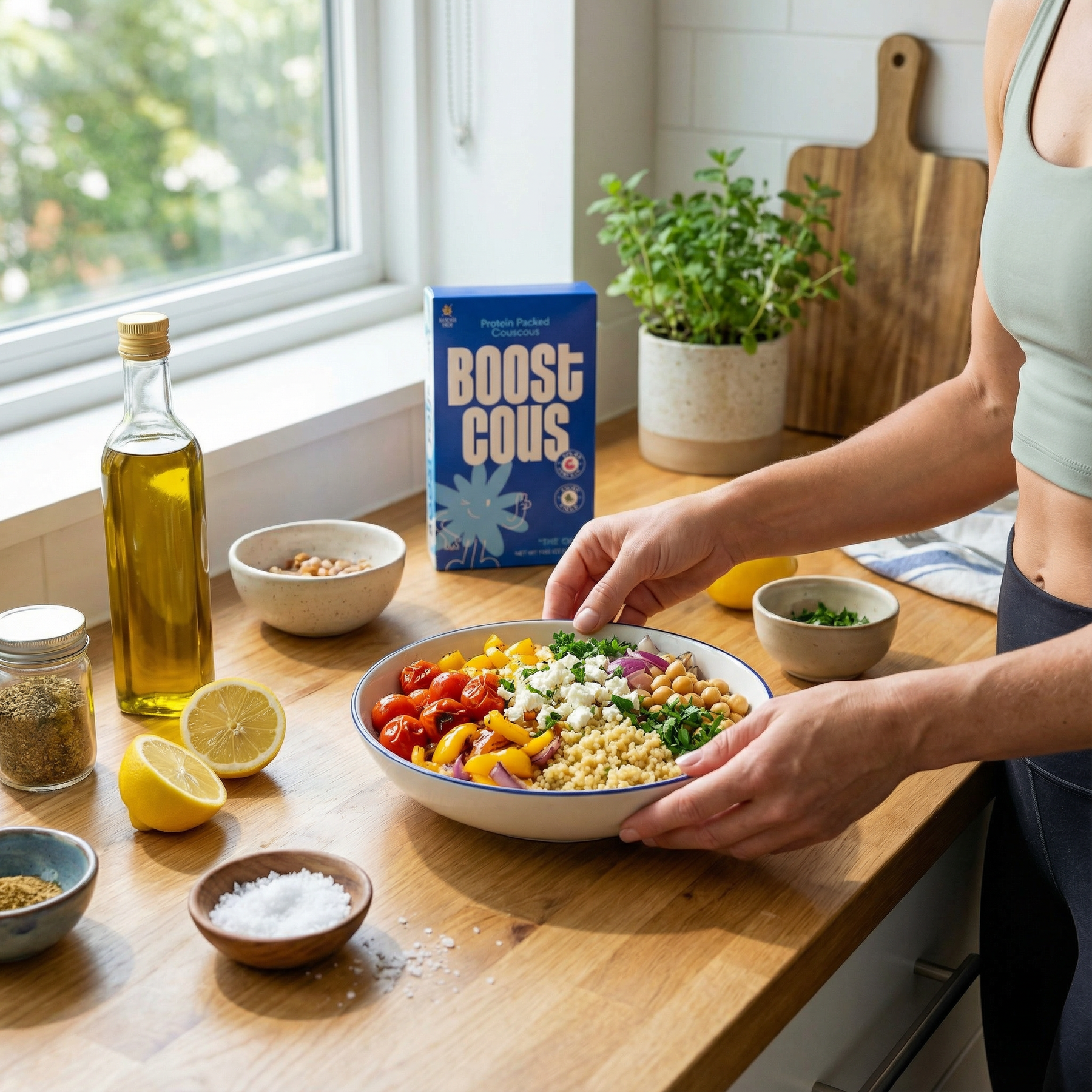 A person in a tank top prepares a colorful couscous salad with vegetables and herbs in a bright kitchen, with olive oil, lemon, and a box of "Boost Cous" visible on the countertop.
