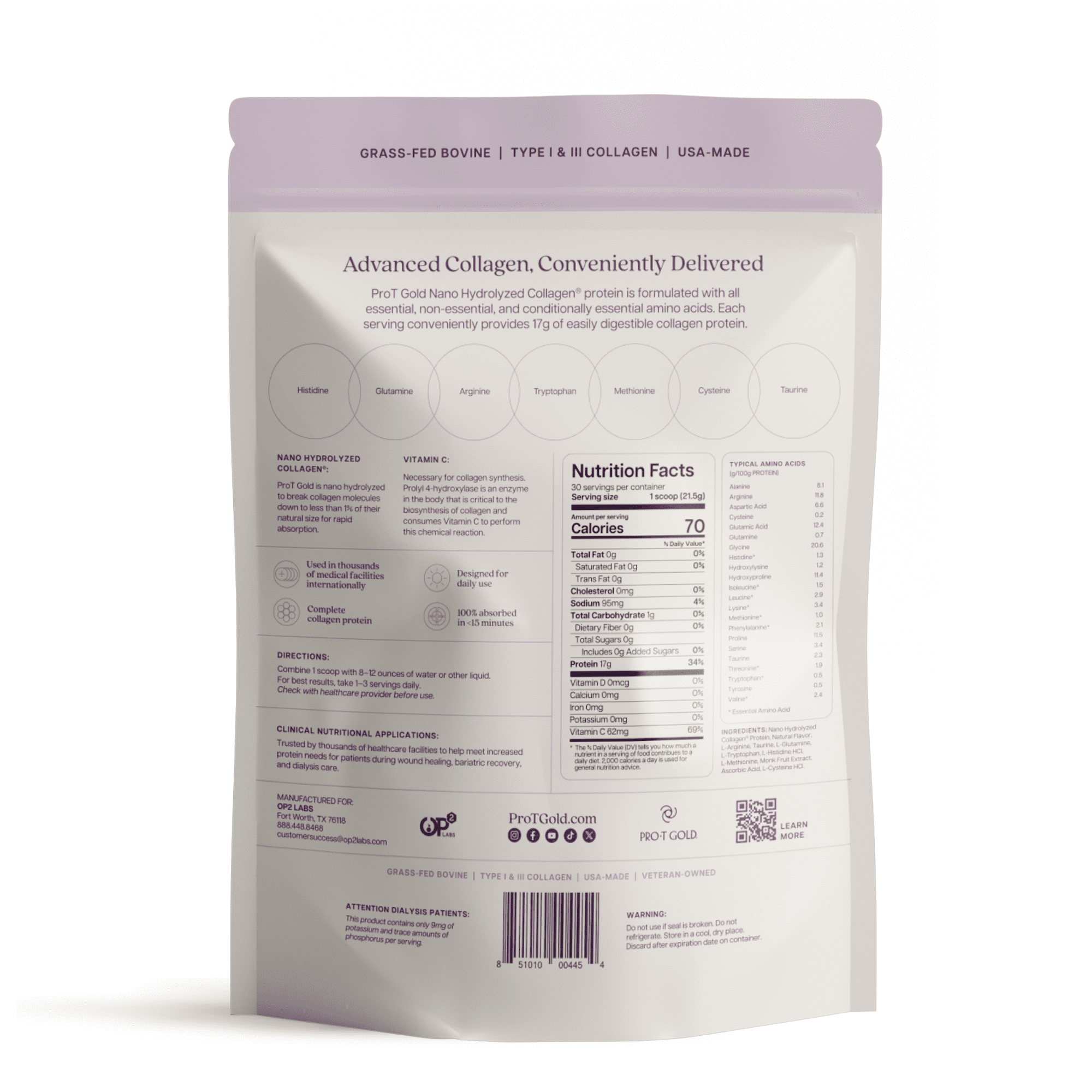 A resealable pouch of advanced collagen supplement features a light purple header, detailed nutritional information, and instructions for use, emphasizing its grass-fed bovine source and easy digestibility.