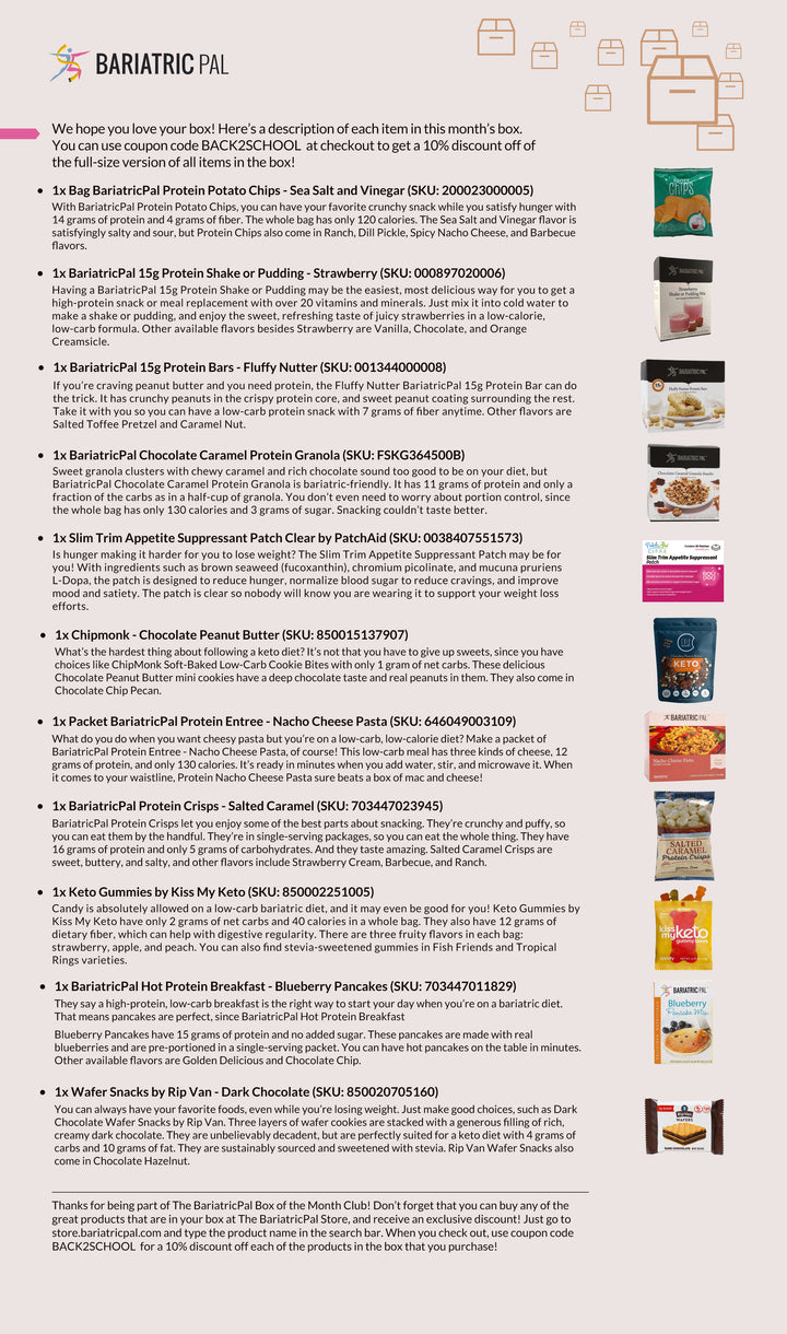 A colorful product list details various bariatric-friendly snacks and meals, including protein chips, shakes, granola, and pancakes, with descriptions highlighting their nutritional benefits and flavors.