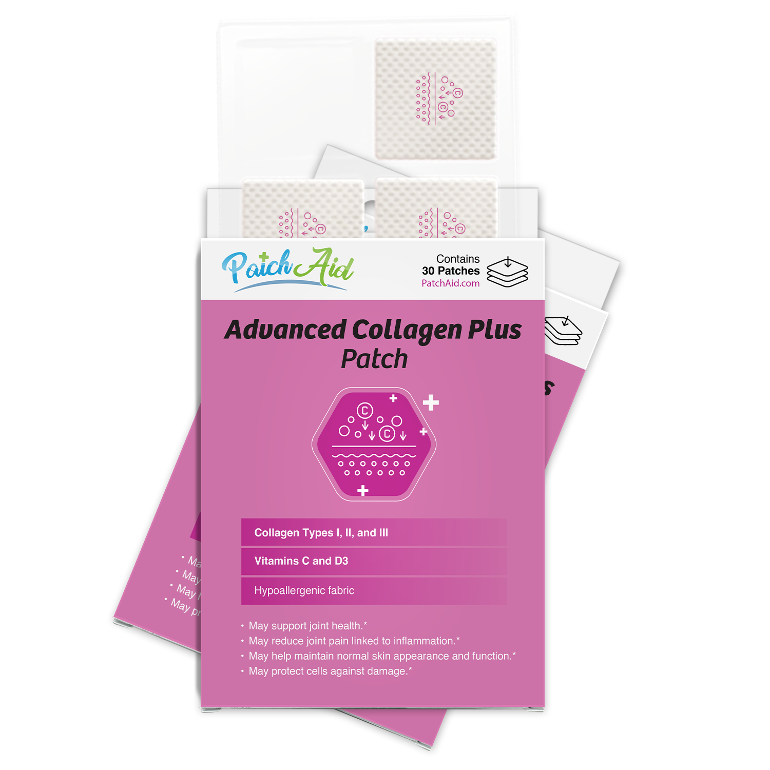 A box of Advanced Collagen Plus patches from PatchAid, featuring a pink design, displays information about collagen types, vitamins, and benefits, with several patches visible inside the packaging.
