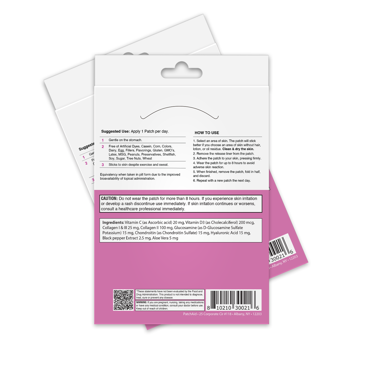A product packaging for a skin patch, featuring instructions for use, suggested ingredients, and cautionary notes, with a pink and white design and a hanging tab at the top.
