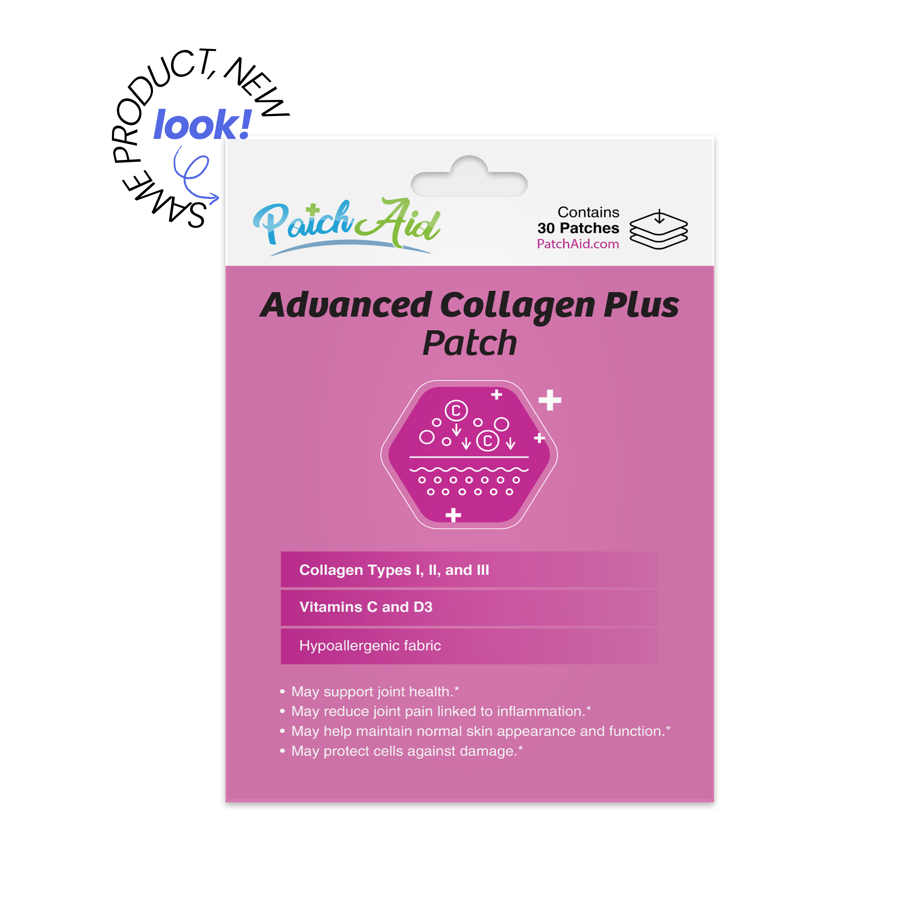 PatchAid Advanced Collagen Plus Patches with Collagen Types I, II and III plus vitamins C and D3. Contains 30 hypoallergenic patches.