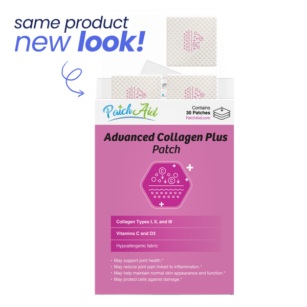 A box of Advanced Collagen Plus patches by PatchAid displays a new design, featuring product details, benefits, and an illustration of the patches on a pink background.