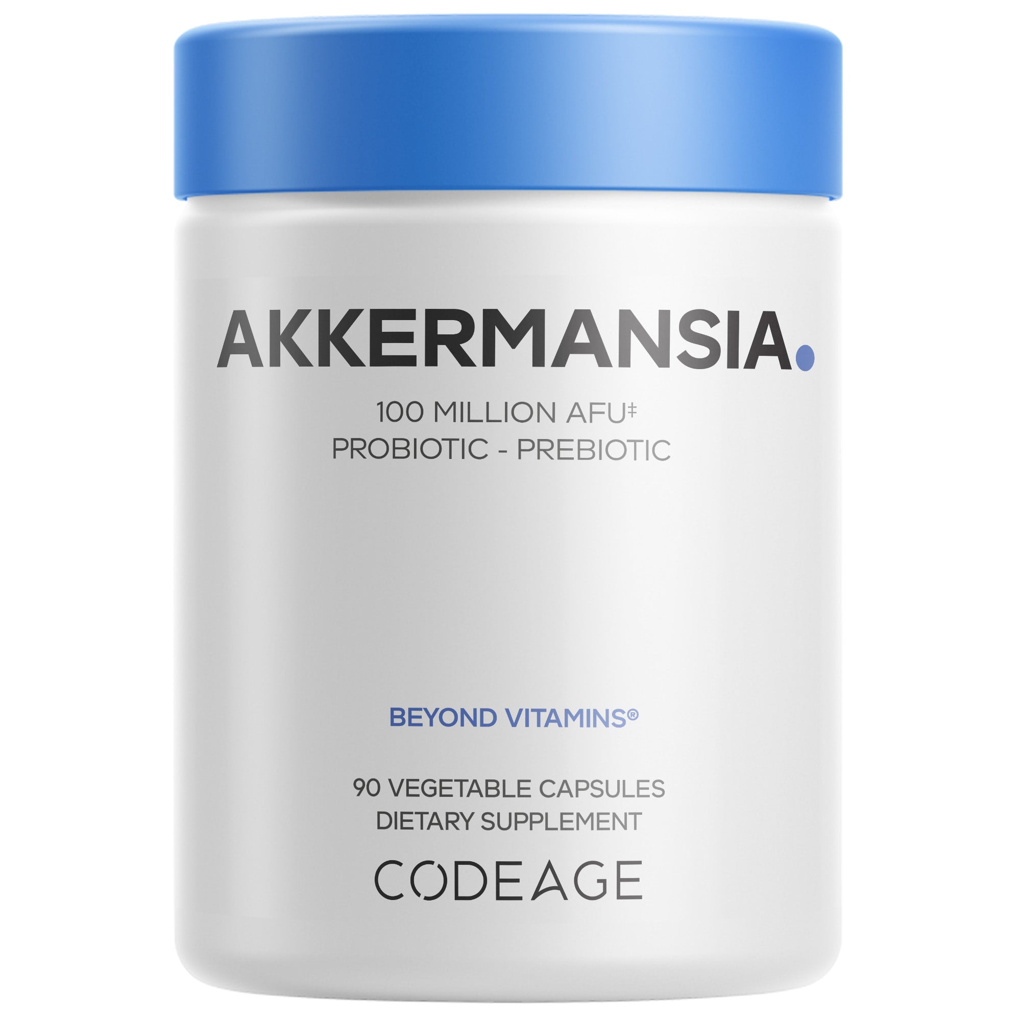A white container with a blue lid labeled "AKKERMANSIA," containing 90 vegetable capsules, promoting a probiotic and prebiotic dietary supplement with 100 million AFU.