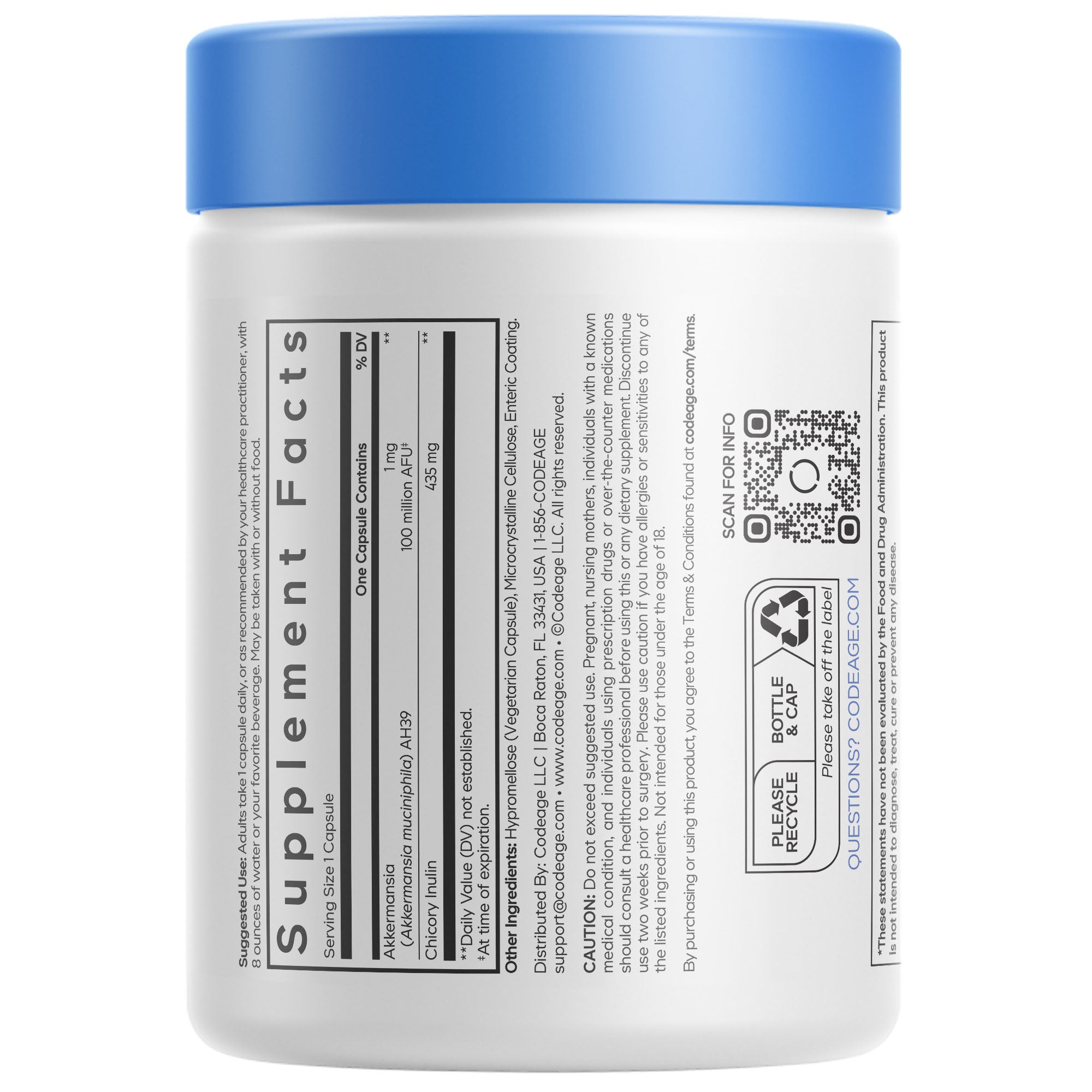 A white supplement container with a blue lid displays detailed supplement facts, including ingredients and serving size, along with a QR code for additional information.