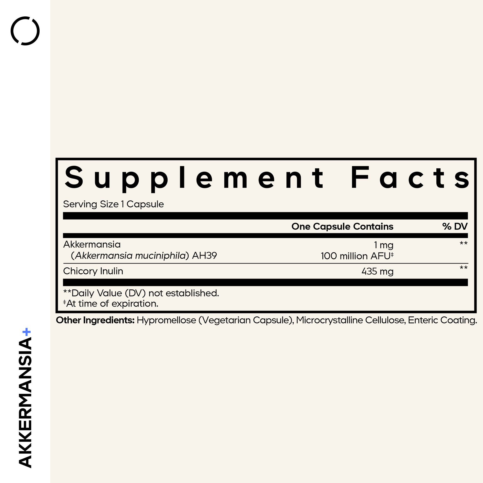 Supplement facts label for a dietary supplement, detailing ingredients like Akkermansia and Chicory Inulin, along with serving size and daily value information in a clean, minimalist design.