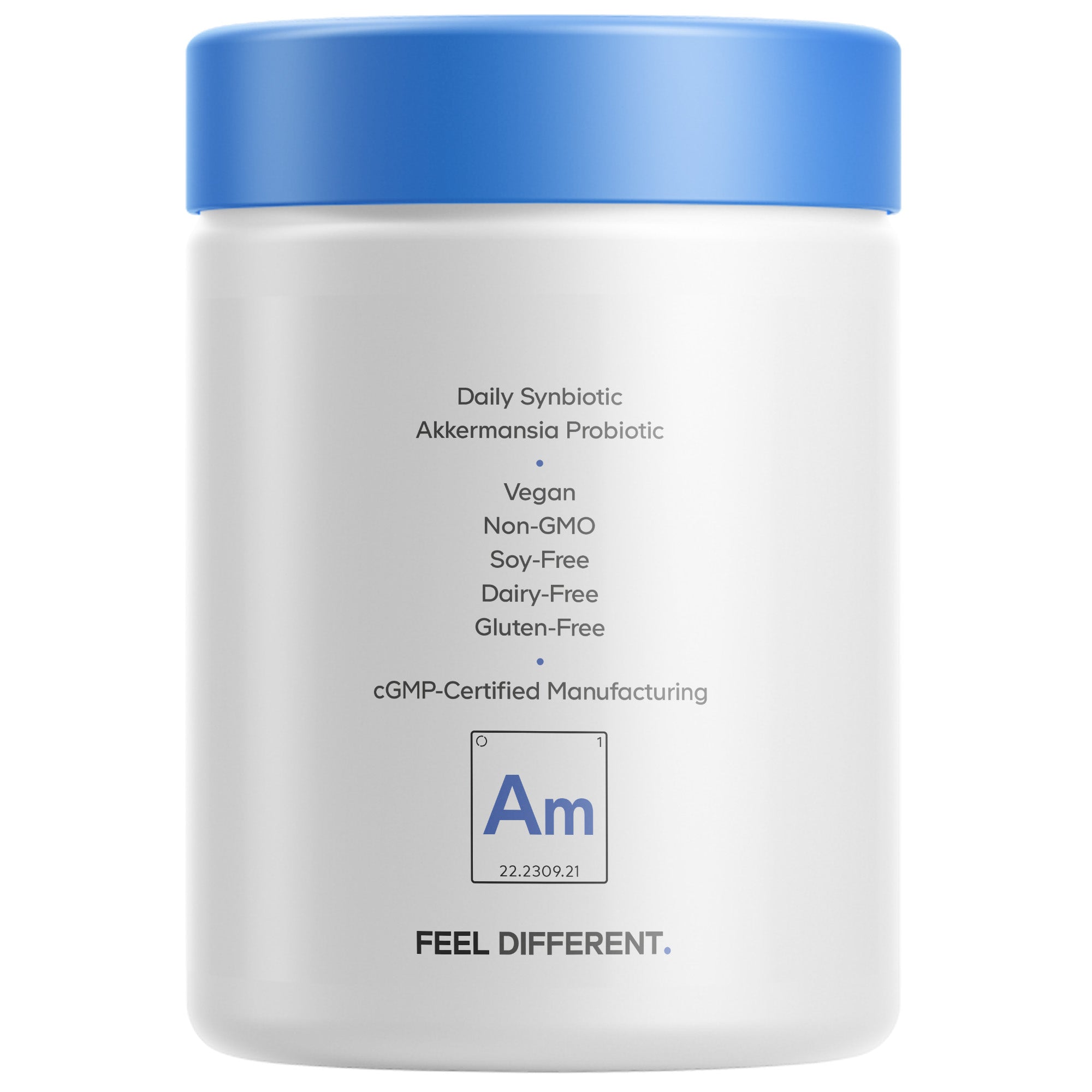 A white container with a blue lid displays the label for a daily synbiotic Akkermansia probiotic, highlighting its vegan, non-GMO, soy-free, dairy-free, and gluten-free qualities.