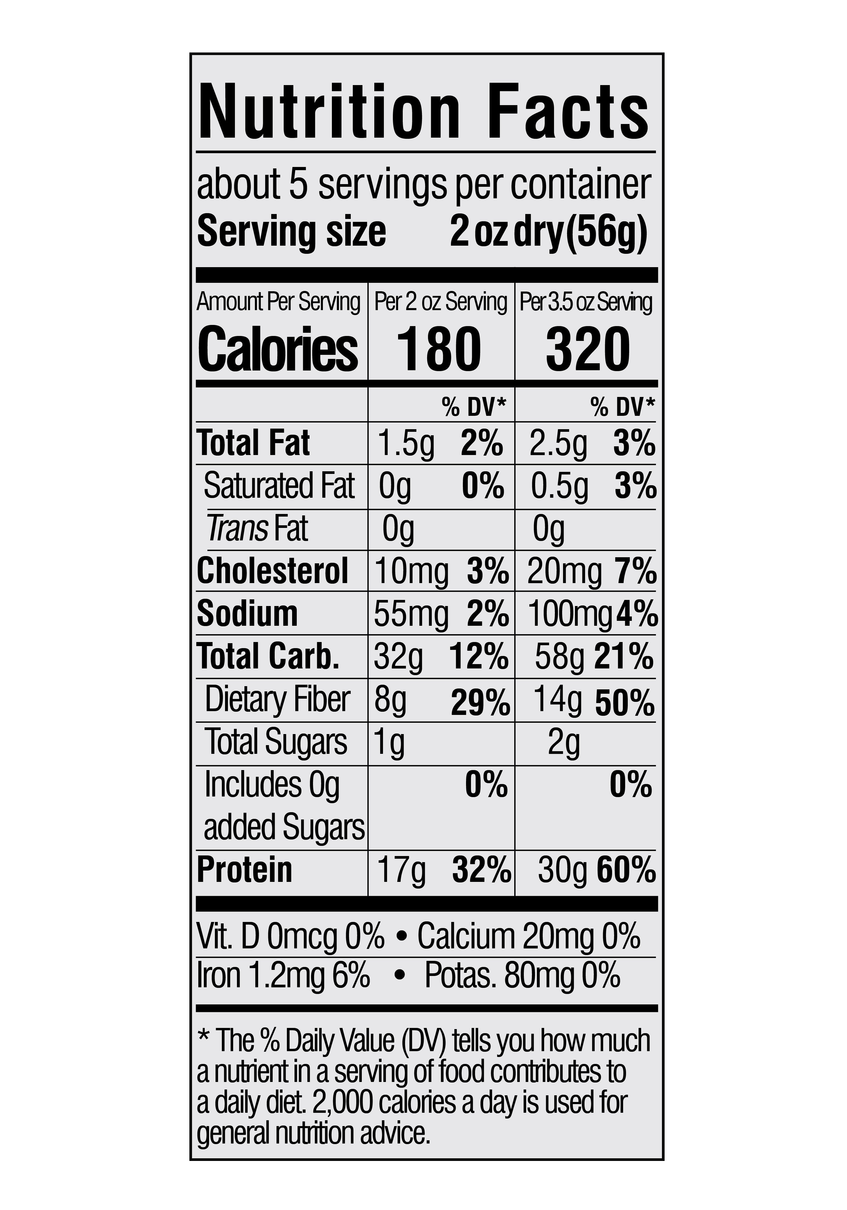 A nutrition facts label displays serving size, calories, and nutrient content, including total fat, cholesterol, sodium, carbohydrates, sugars, fiber, and protein, with percentage daily values.