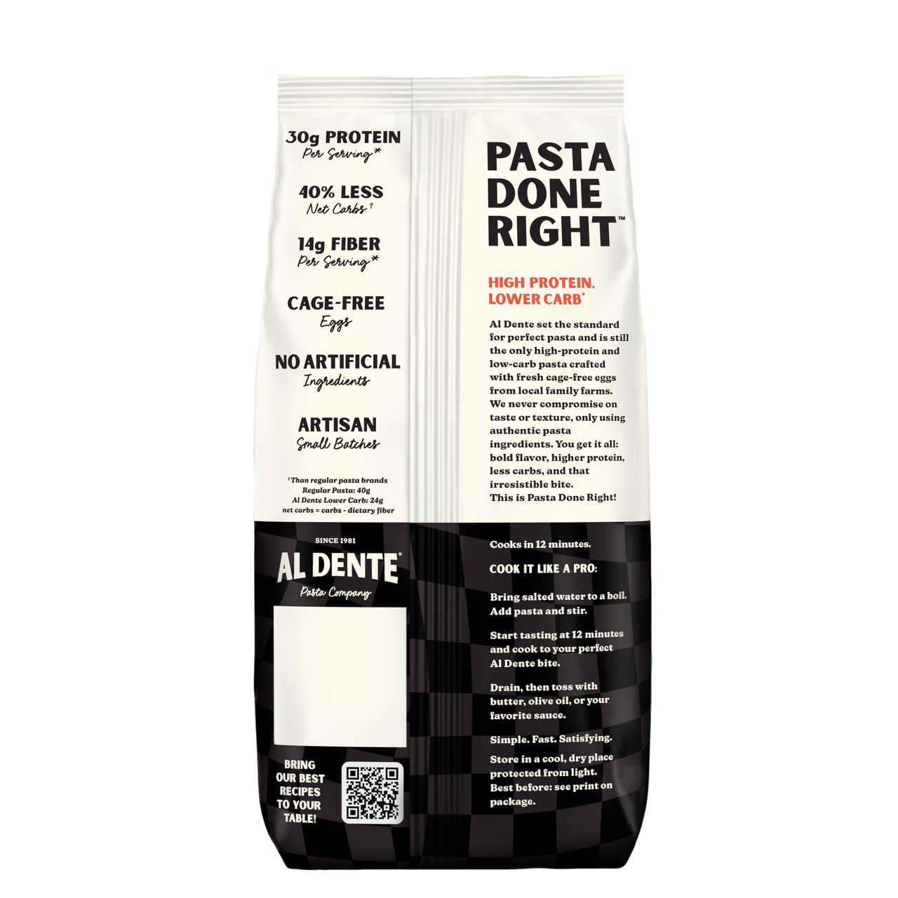 A pasta package labeled "Pasta Done Right" features nutritional information highlighting high protein, lower carbs, and artisan ingredients, with cooking instructions and a QR code for more details.