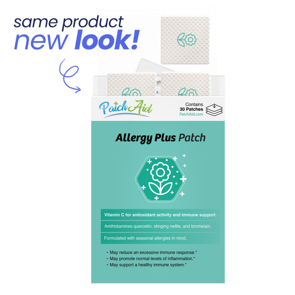 A colorful packaging for PatchAid's Allergy Plus Patch displays the product name and benefits, highlighting its formulation with Vitamin C and natural ingredients for allergy relief.