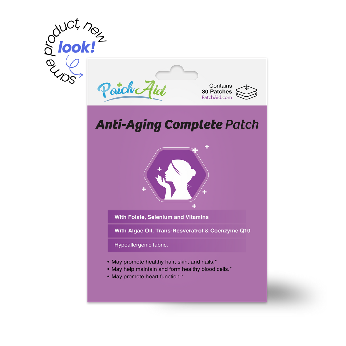 A purple packaging for "Anti-Aging Complete Patch" features a silhouette of a person with a hand on their face, highlighting benefits like promoting healthy skin and hair, with a note about hypoallergenic fabric.