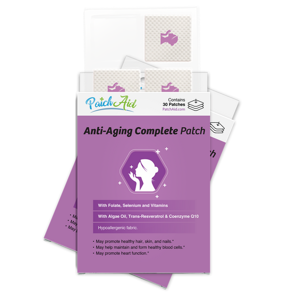 A purple packaging for "Anti-Aging Complete Patch" displays a silhouette of a woman, highlighting benefits like promoting healthy skin and hair, with 30 patches inside.
